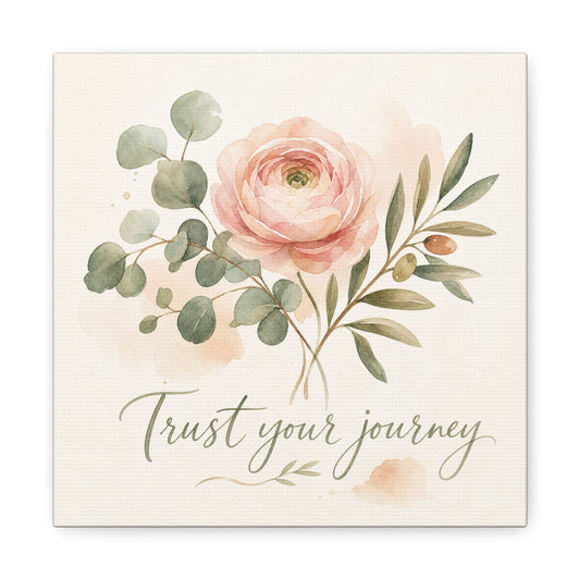 "Trust Your Journey" Floral Canvas Wall Art - Blush Rose, Eucalyptus Botanical Watercolor - Inspirational Home Decor - Bedroom Wall Hanging, Modern Farmhouse Style, Office Accent - Ready to Hang