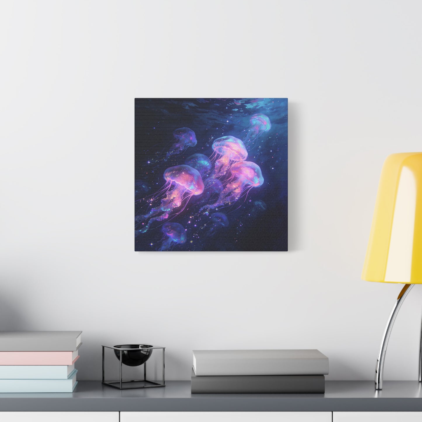 Glowing Jellyfish Canvas Wall Art - Ocean Fantasy Sea Life Decor, Luminous Pink Blue Artwork - Matte Canvas Print, Contemporary Style - Bedroom Wall Decor, Meditation Space Accent - Ready to Hang