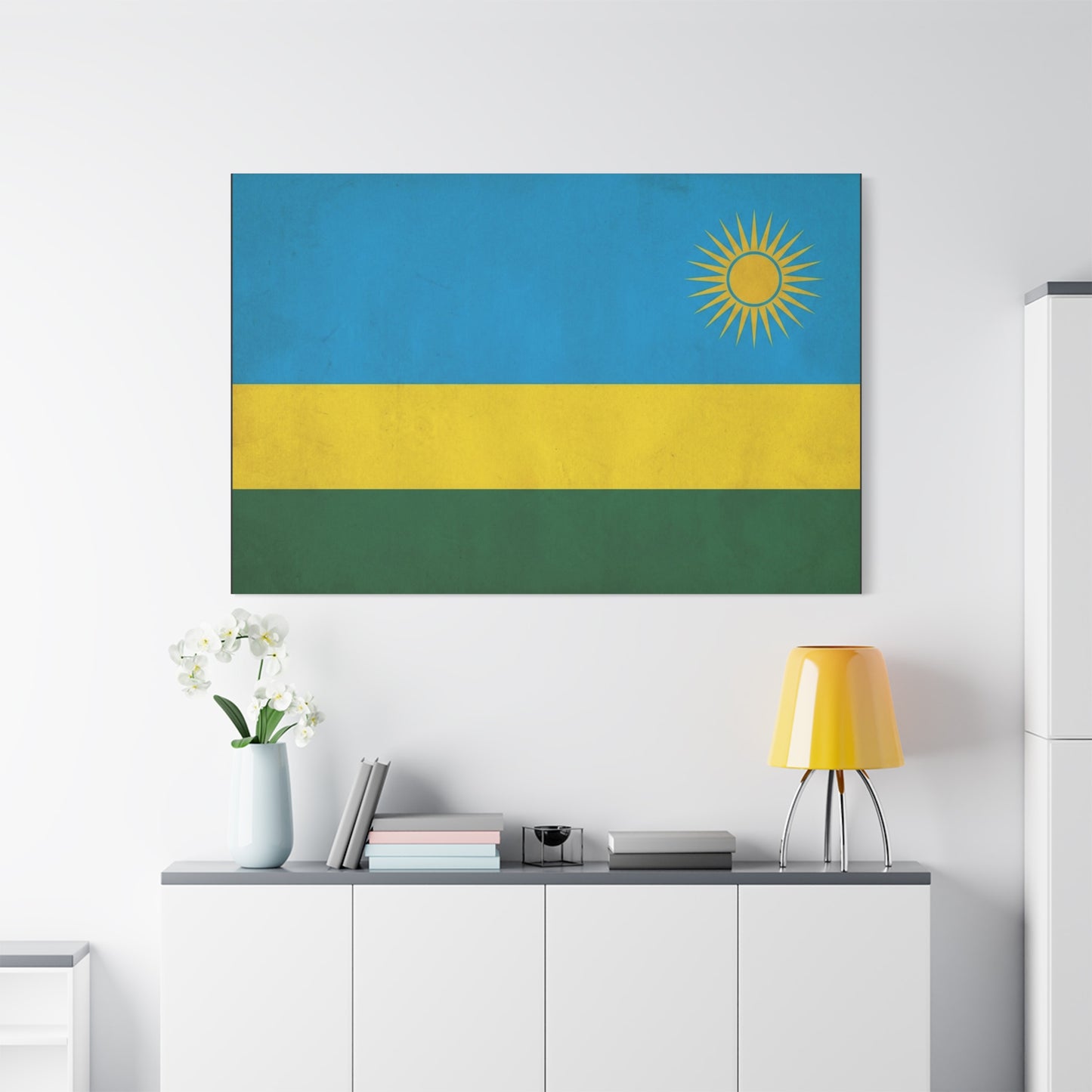 Rwanda Flag Canvas Wall Art - Blue Yellow Green National Banner Print, Sun Emblem Country Pride Decor - Vintage Style Wall Decor - Bedroom Home Decoration - Bedroom Home Decoration - Ready to Hang