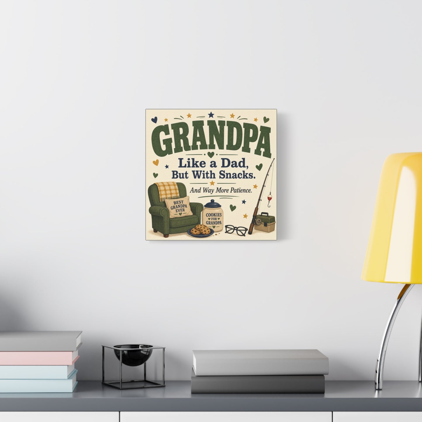 "Grandpa Like A Dad, But With Snacks. And Way More Patience." Canvas Wall Art - Rustic Typography Grandpa Quote Print, Farmhouse Living Room Decor - Office Wall Art - Bedroom Home Decoration