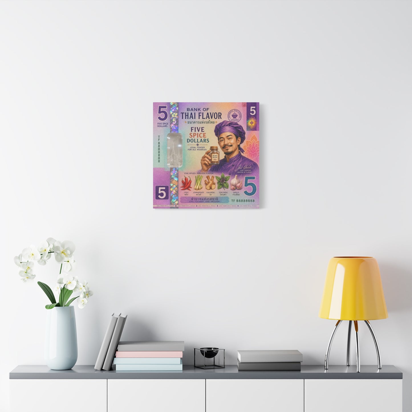 "Bank Of Thai Flavor" Thai Chef Canvas Wall Art - Five Spice Dollars Food Illustration, Colorful Typography Print, Eclectic Kitchen Decor, Cafe Wall Decor, Restaurant Wall Accent - Ready to Hang