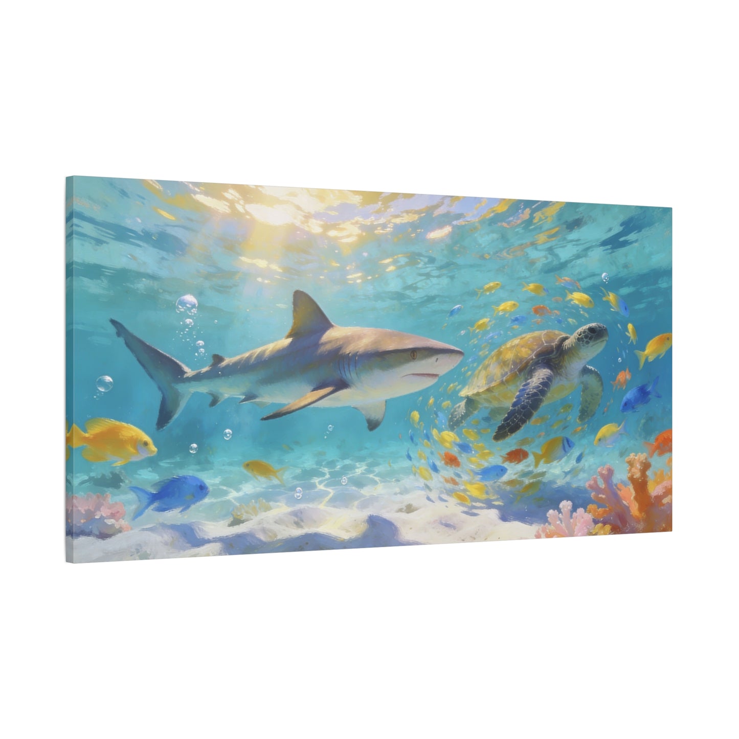 Shark Sea Turtle Canvas Wall Art - Tropical Underwater Ocean Scene, Colorful Fish Coral Reef - Matte Coastal Style - Living Room Wall Decor, Bedroom Home Decoration - Bedroom Home Decoration