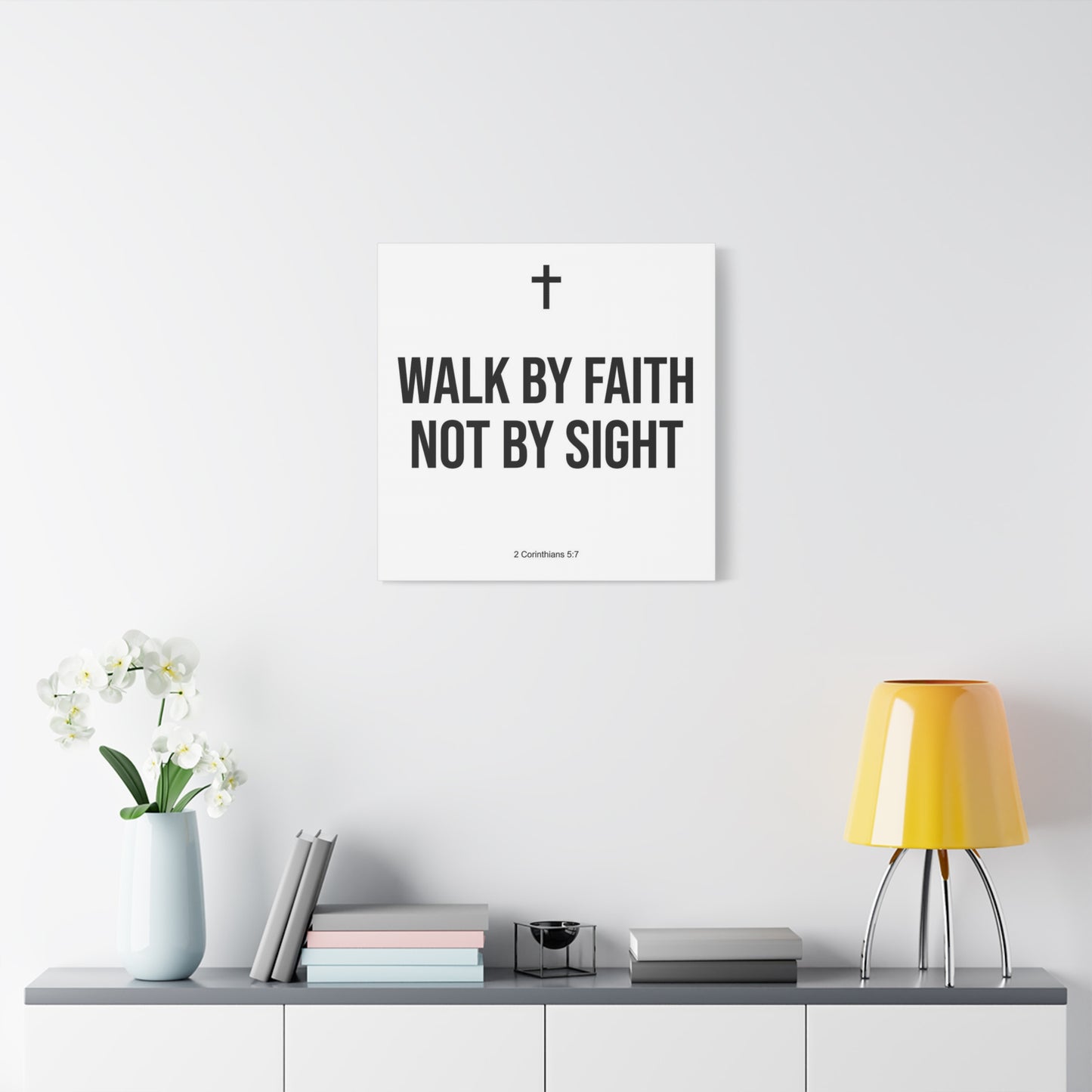 "Walk By Faith Not By Sight" Christian Canvas Wall Art - 2 Corinthians 5:7 Cross Scripture Print - Black And White Minimalist Typography Decor - Living Room Bedroom Office Home Decoration