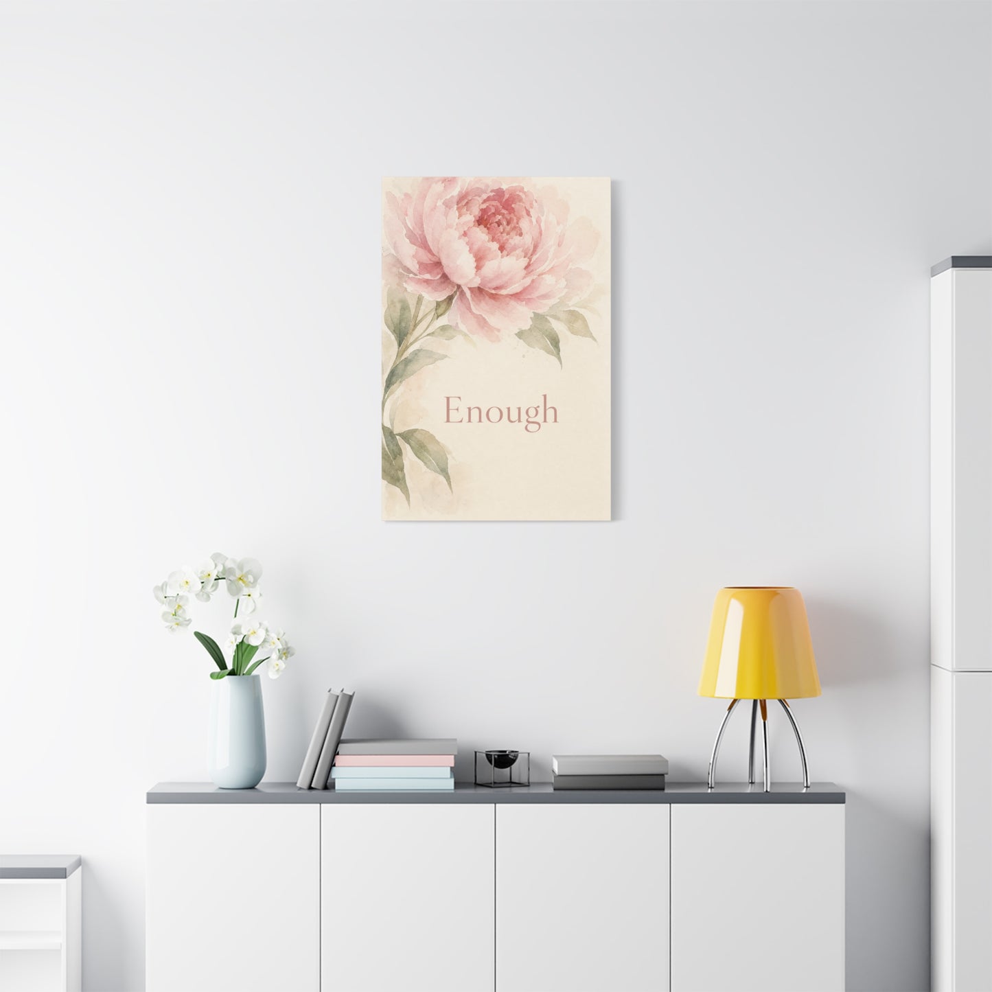 "Enough" Peony Canvas Wall Art - Pink Watercolor Floral Inspirational Print - Soft Botanical Bedroom Wall Decor - Feminine Home Decoration - Bedroom Home Decoration - Modern Farmhouse Style