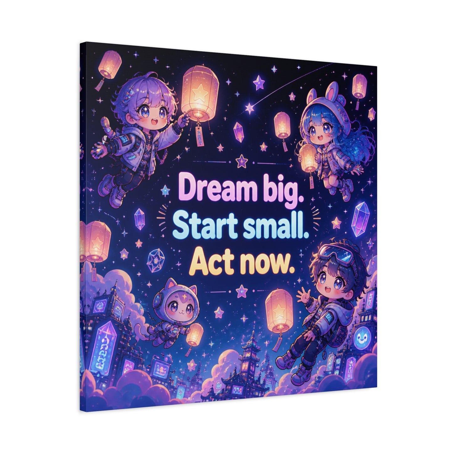 "Dream Big. Start Small. Act Now." Inspirational Canvas Wall Art - Kawaii Space Kids, Star Lantern Night Sky Quote Print - Neon Purple Blue Decor, Bedroom Home Decoration, Teen Room Accent