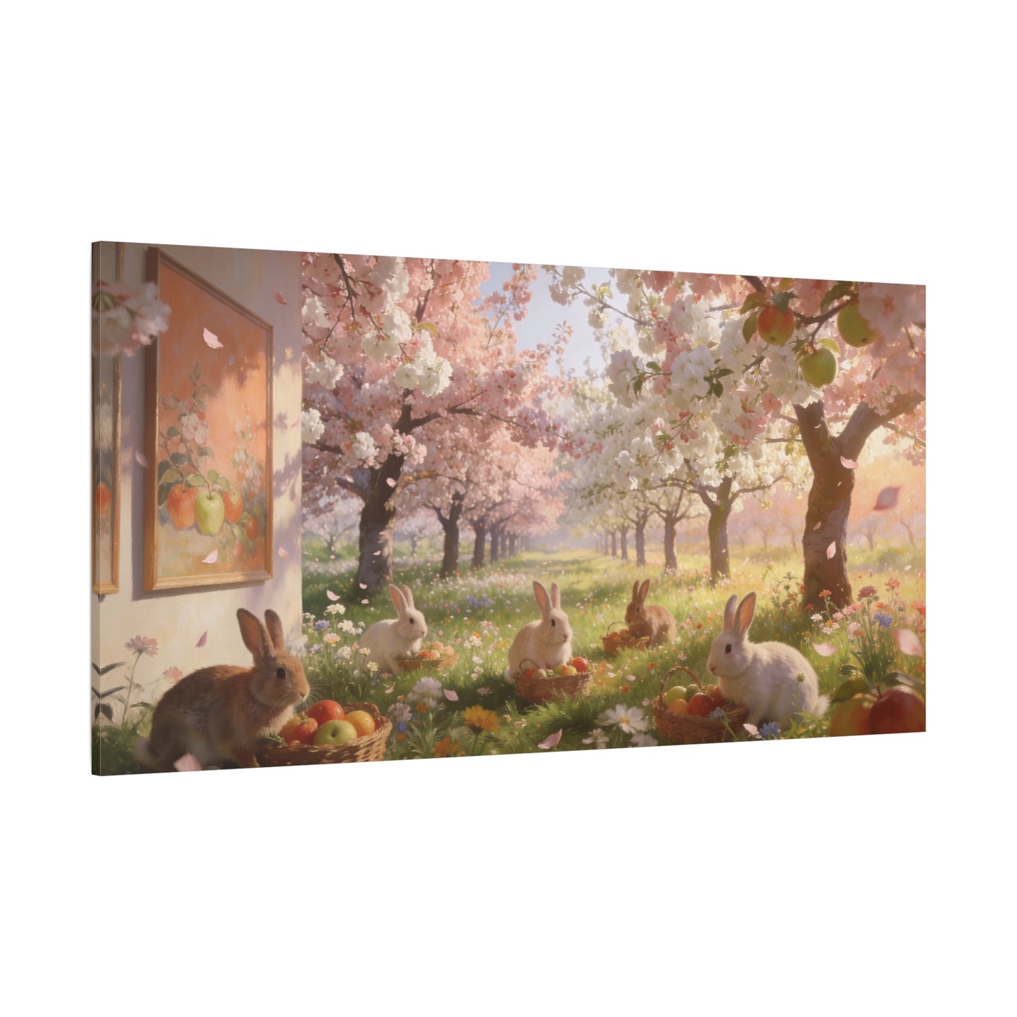 Cherry Blossom Rabbit Canvas Wall Art - Spring Orchard Bunnies, Apple Basket Meadow Scene - Matte Cotton Print, Pastel Floral Style - Bedroom Wall Decor, Nursery Home Decoration - Ready to Hang