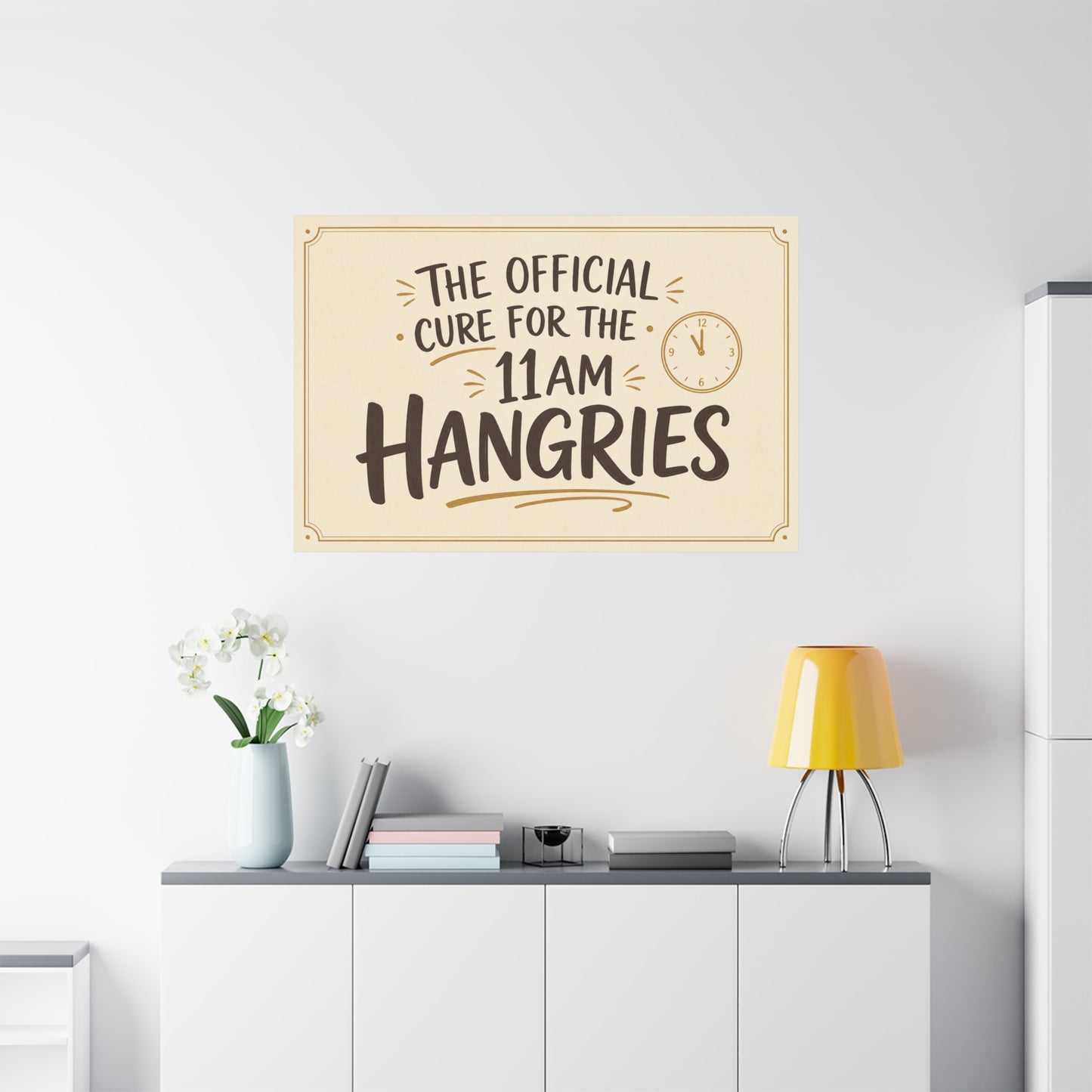 "The Official Cure For The 11 Am Hangries" Funny Typography Canvas Wall Art - Beige Black Quote Print, Modern Office Decor, Kitchen Wall Hanging - Bedroom Home Decoration - Bedroom Home Decoration