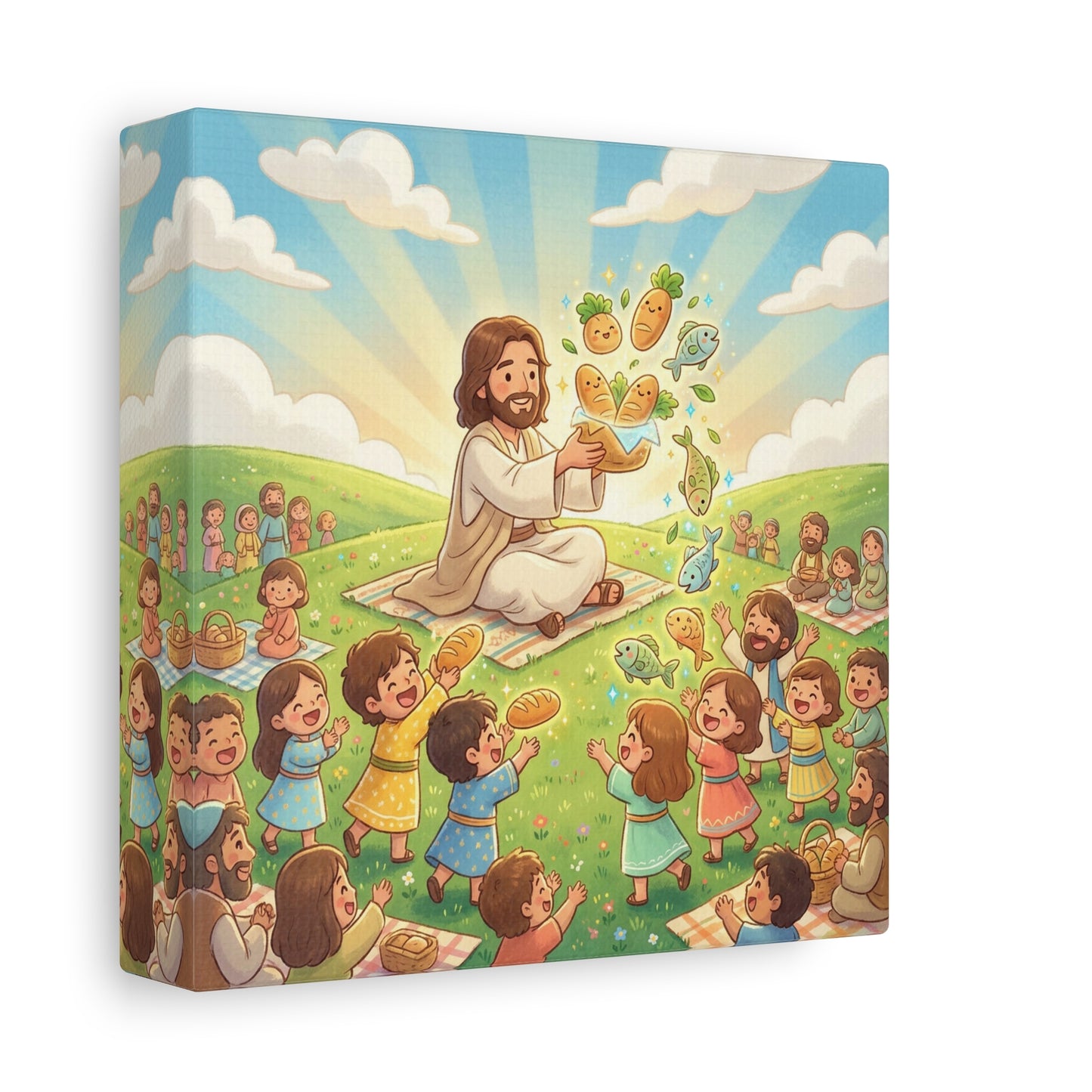 Jesus Feeding Multitude Canvas Wall Art - Loaves And Fish Bible Scene, Christian Nursery Decor - Matte Cotton Print, Kids Room Wall Decor, Sunday School Classroom - Bedroom Home Decoration