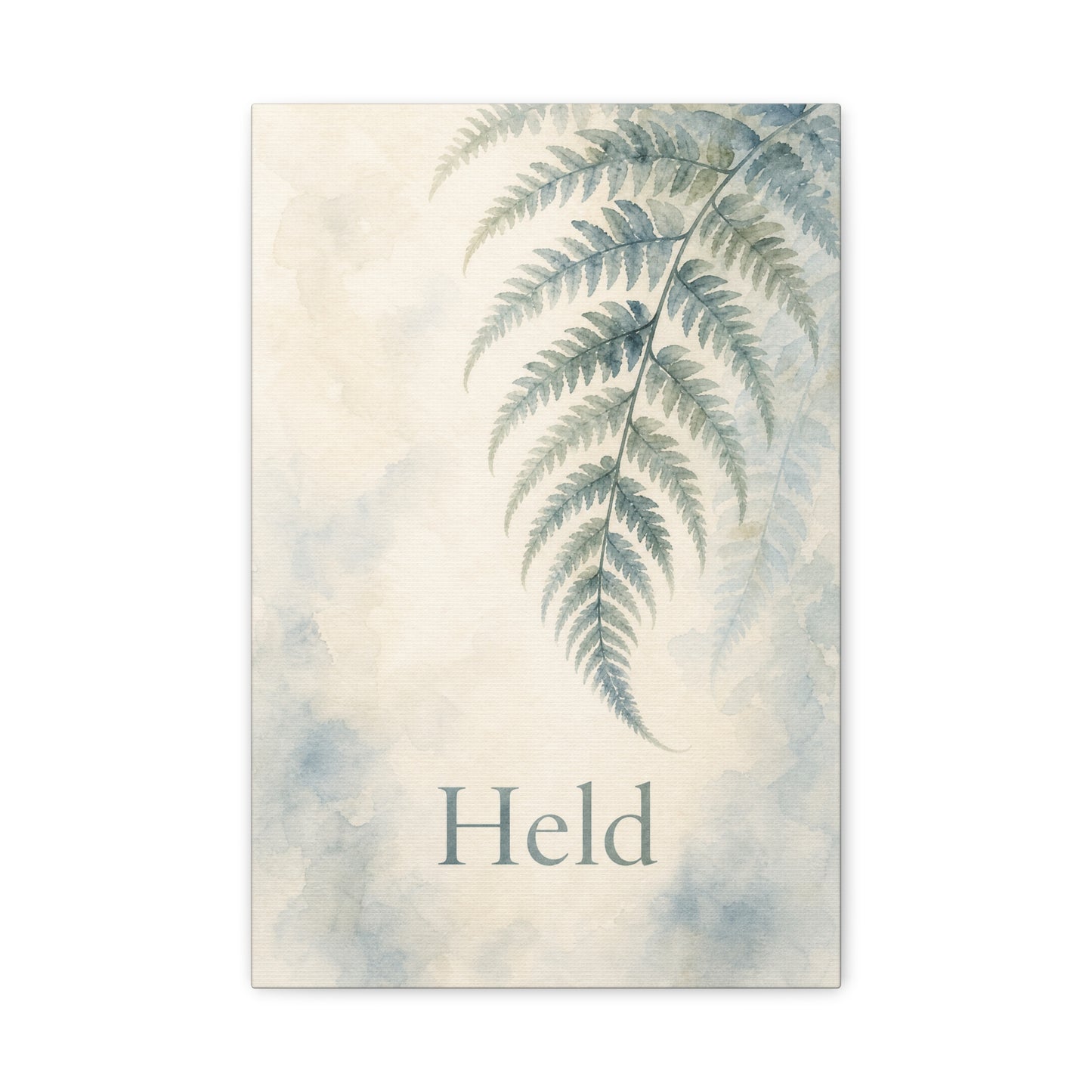 "Held" Fern Botanical Canvas Wall Art - Watercolor Leaf Print, Calming Bedroom Wall Decor, Minimalist Blue Green Nature Home Decoration, Meditation Space Accent - Ready to Hang - Cozy Reading Nook Art