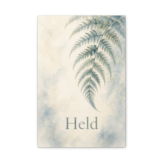 "Held" Fern Botanical Canvas Wall Art - Watercolor Leaf Print, Calming Bedroom Wall Decor, Minimalist Blue Green Nature Home Decoration, Meditation Space Accent - Ready to Hang - Cozy Reading Nook Art