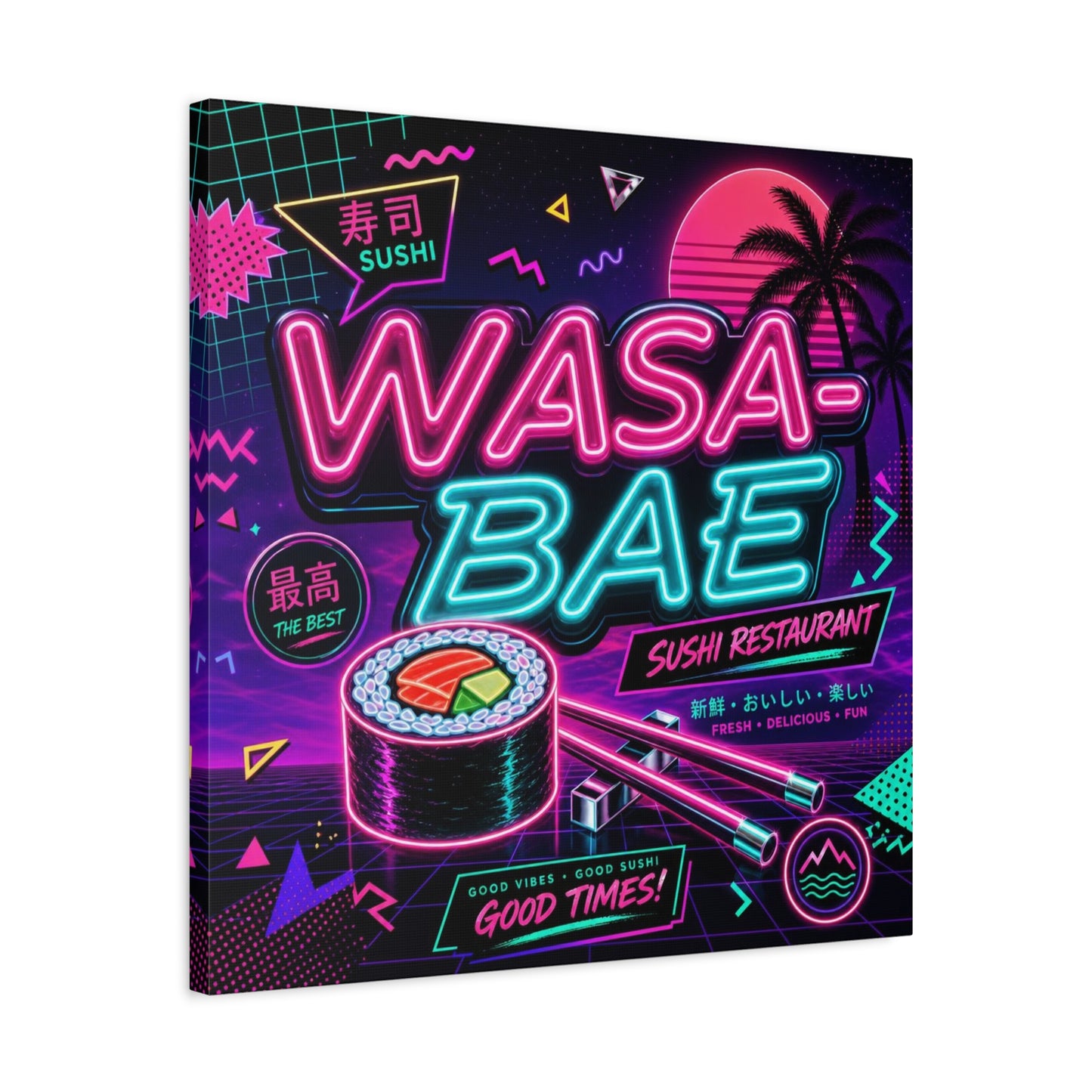 "WASA-BAE" Sushi Canvas Print - Neon Japanese Restaurant Sign, Retro Vaporwave Illustration - Matte Cotton Decor, Cafe Wall Accent, Dining Space Artwork, Lounge Interior Style - Office Wall Art