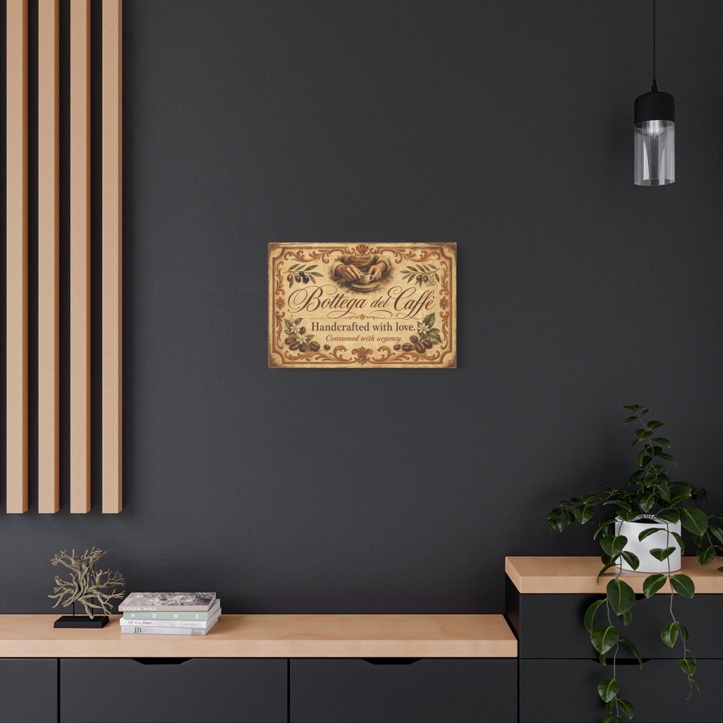"Bottega del Caffe" Canvas Wall Art - Vintage Italian Coffee Quote Print, Olive Branches, Beans, Rustic Farmhouse Decor, Cafe Wall Hanging - Modern Farmhouse Style - Coffee Shop Decor - Ready to Hang