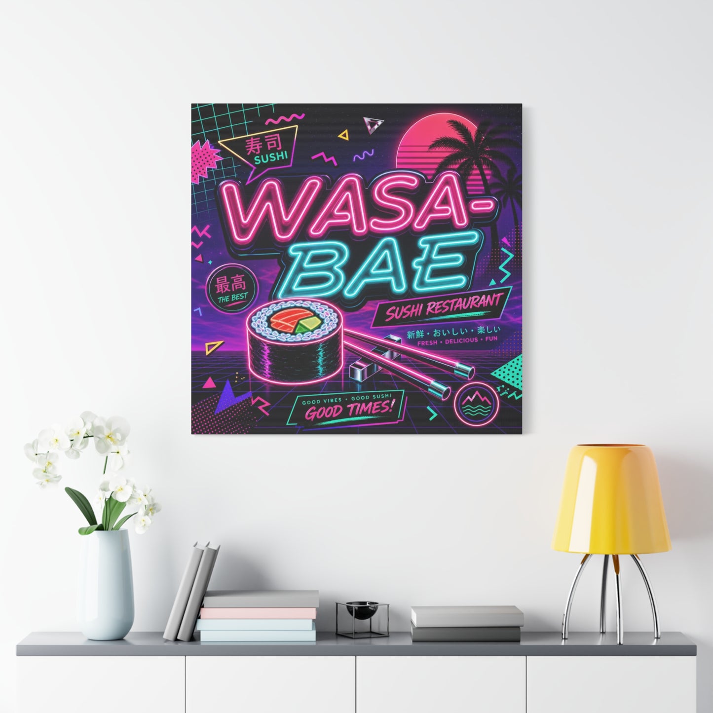 "WASA-BAE" Sushi Canvas Print - Neon Japanese Restaurant Sign, Retro Vaporwave Illustration - Matte Cotton Decor, Cafe Wall Accent, Dining Space Artwork, Lounge Interior Style - Office Wall Art
