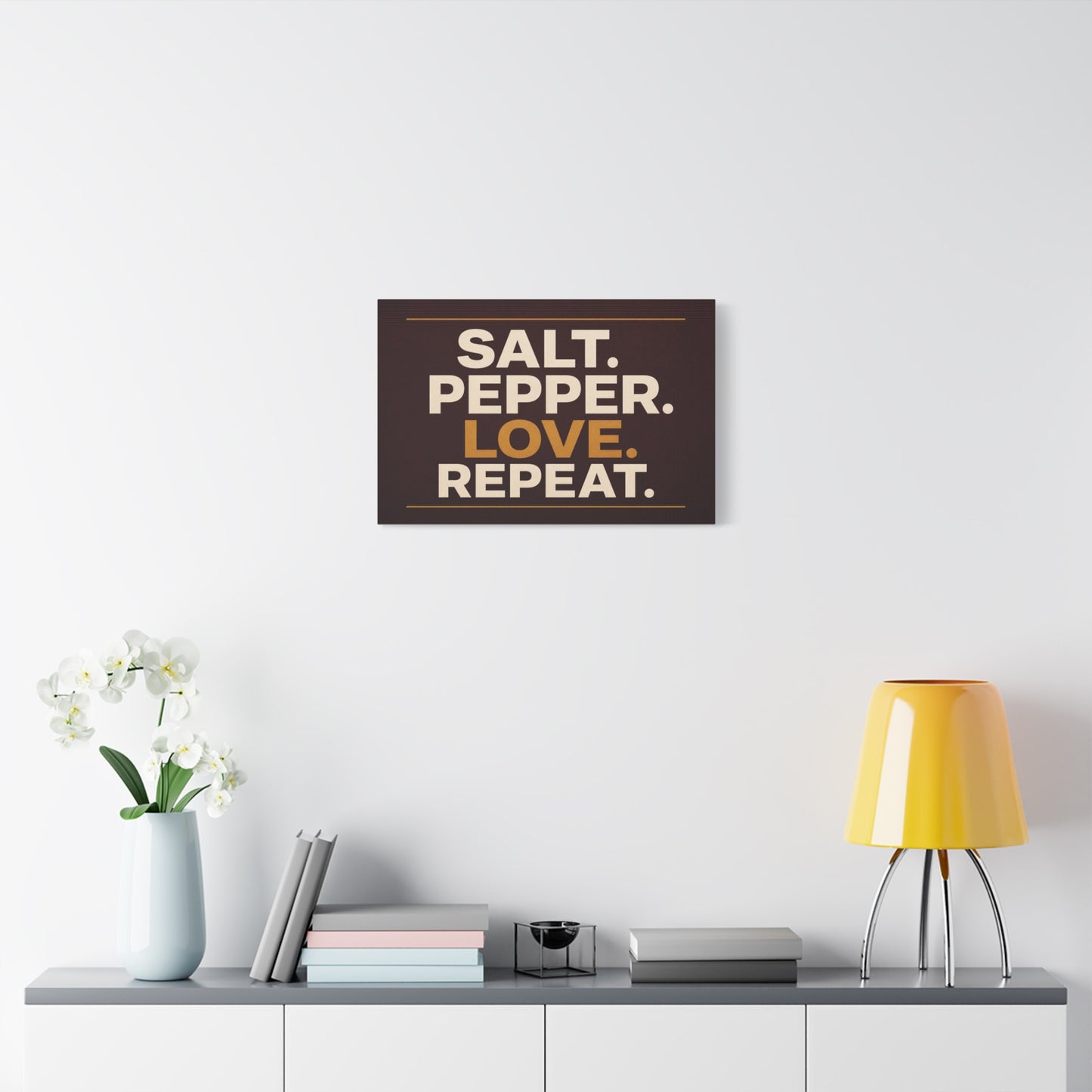 "Salt. Pepper. Love. Repeat." Typography Canvas Wall Art - Kitchen Quote Wall Decor, Modern Farmhouse Home Decoration, Brown And Gold Minimalist Canvas Print For Dining Room - Bedroom Home Decoration