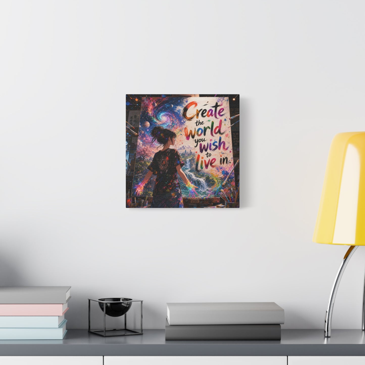 "Create The World You Wish To Live In" Inspirational Canvas Wall Art - Colorful Cosmic Artist Girl Quote Print - Modern Typography Decor - Bedroom Home Decoration, Creative Office Accent