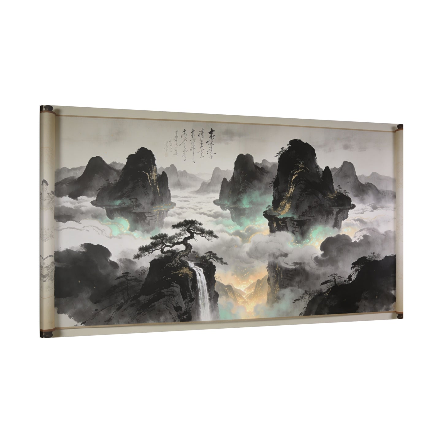 Chinese Ink Landscape Canvas Wall Art - Misty Mountain Scroll Painting, Cloud Sea Waterfall, Calligraphy Detail - Contemporary Zen Style - Living Room Wall Decor, Bedroom Home Accent - Ready to Hang