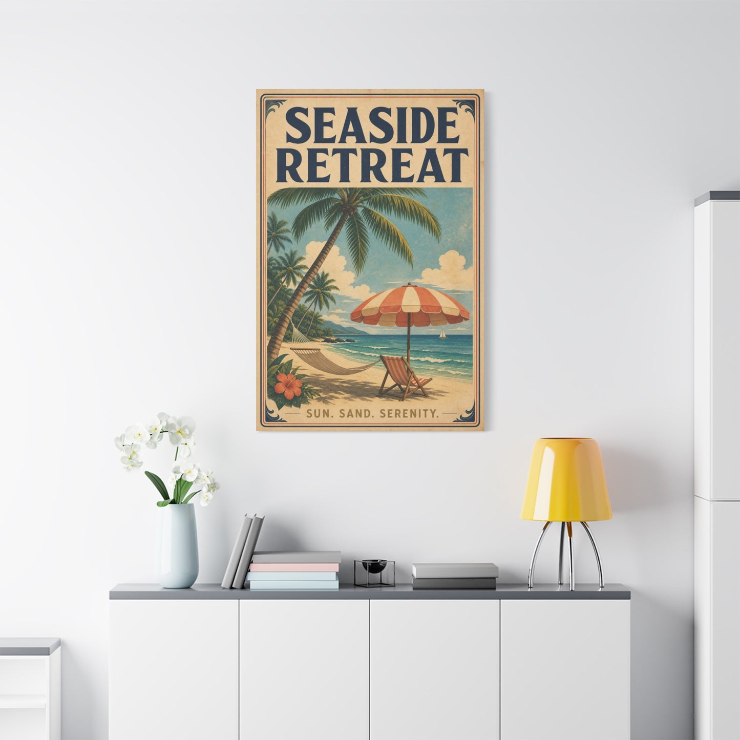 "Seaside Retreat" Tropical Beach Canvas Wall Art - Vintage Coastal Palm Tree Hammock Poster Print, Sun Sand Serenity Typography, Retro Ocean Decor For Bedroom Living Room - Living Room Wall Decor