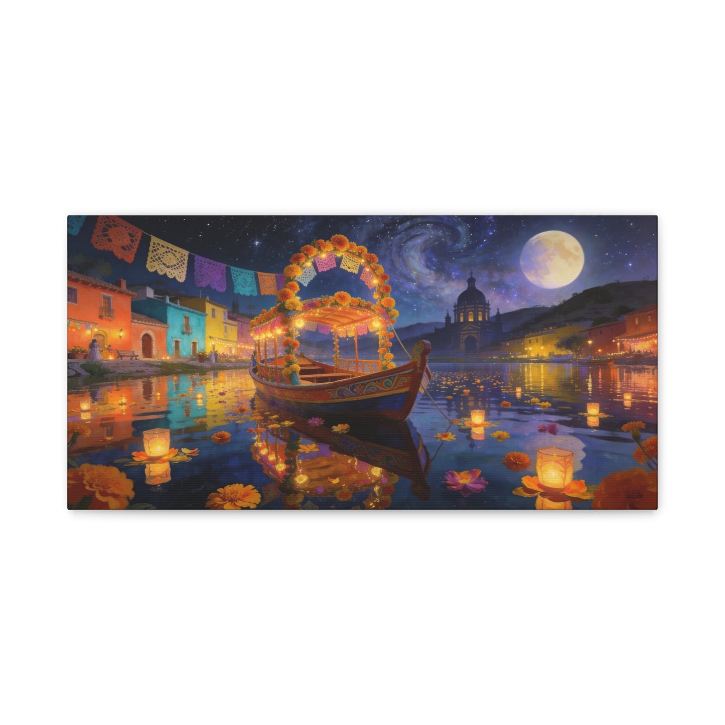 Moonlit Marigold Boat Canvas Wall Art - Colorful Festival Lake Scene, Full Moon Night Sky - Matte Cotton Art Print - Bohemian Living Room Wall Decor, Bedroom Home Decoration - Bedroom Home Decoration