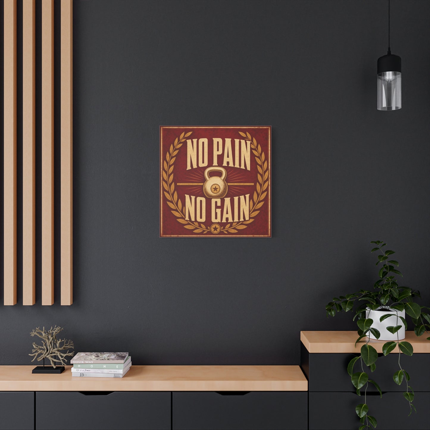 "No Pain No Gain" Kettlebell Canvas Wall Art - Vintage Gym Quote Decor, Rustic Typography Print, Motivational Fitness Poster Style - Room Decoration - Ready to Hang - Gym Wall Decor - HP Latex Print