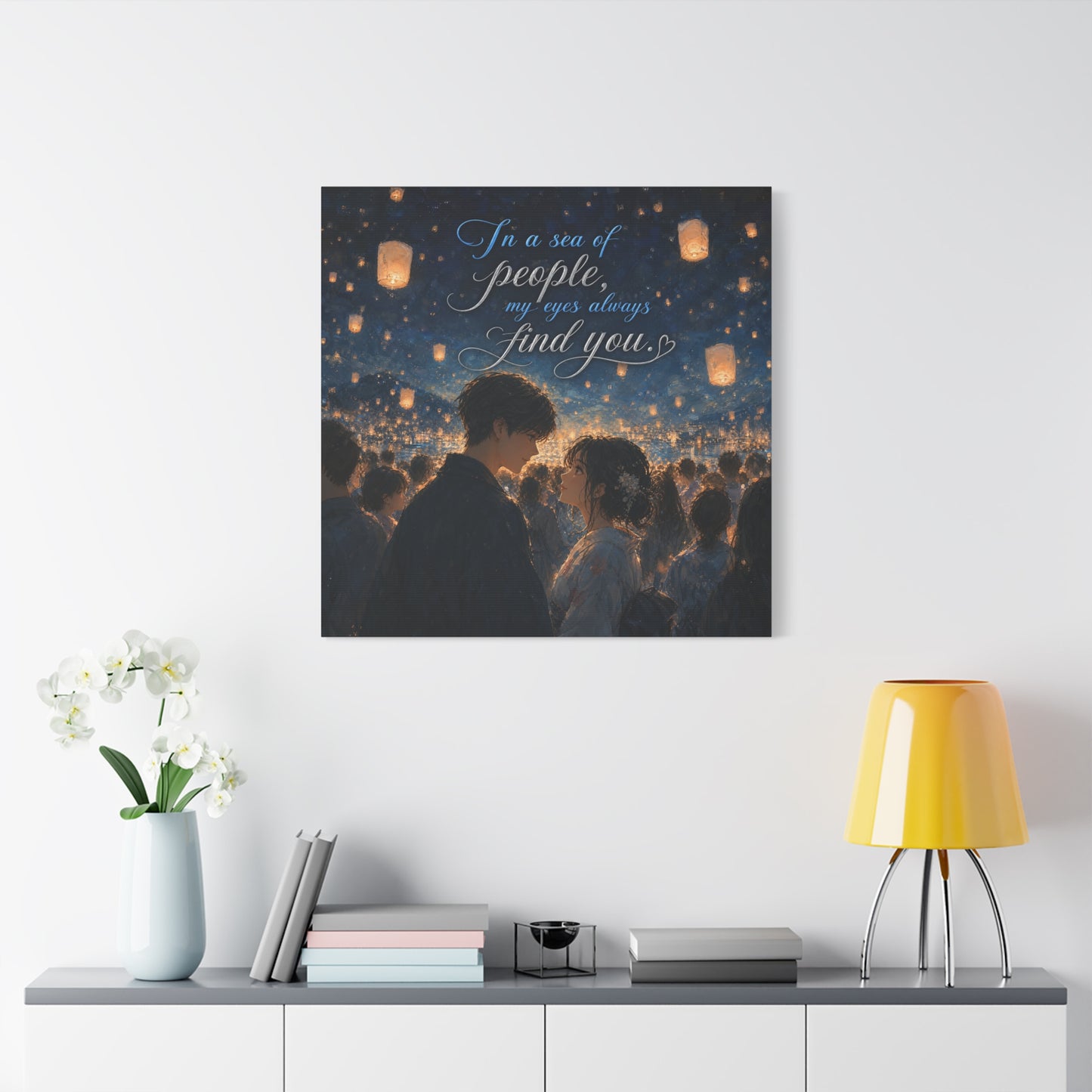 "In A Sea Of People, My Eyes Always Find You." Couple Canvas Wall Art - Romantic Lantern Night Scene, Blue Gold Typography Print, Bedroom Decor - Bedroom Home Decoration - Living Room Wall Decor
