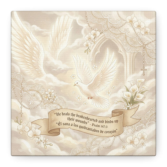 "He Heals The Brokenhearted And Binds Up Their Wounds" Canvas Wall Art - Dove, Cross, Psalm 147:3 Scripture Print - Beige Floral Christian Decor - Bedroom Living Room Home Decoration - Office Wall Art