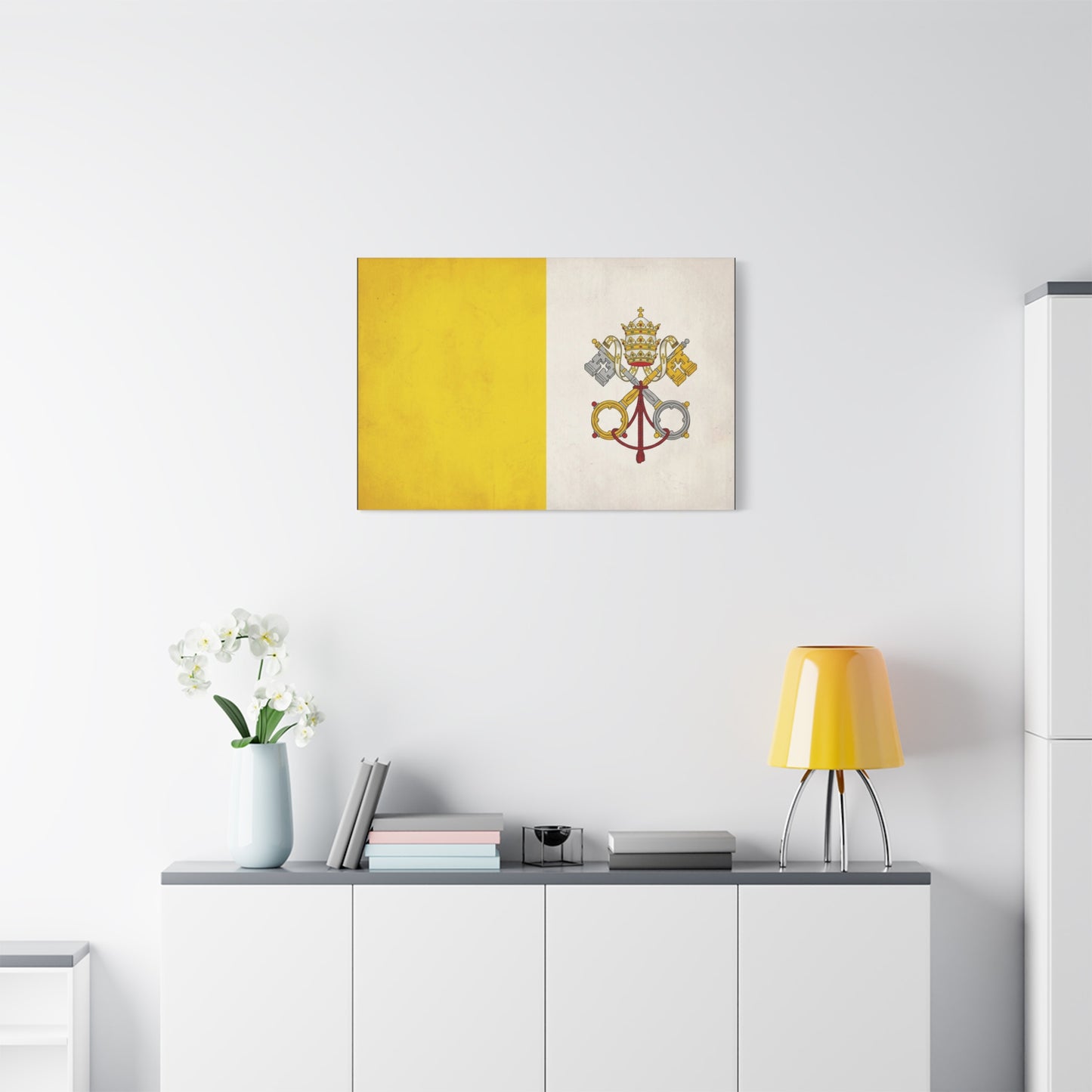 Vatican Flag Canvas Wall Art - Papal Keys And Tiara Catholic Wall Decor - Yellow White Heraldic Print - Traditional Religious Style - Bedroom Home Decoration - Bedroom Home Decoration - Ready to Hang