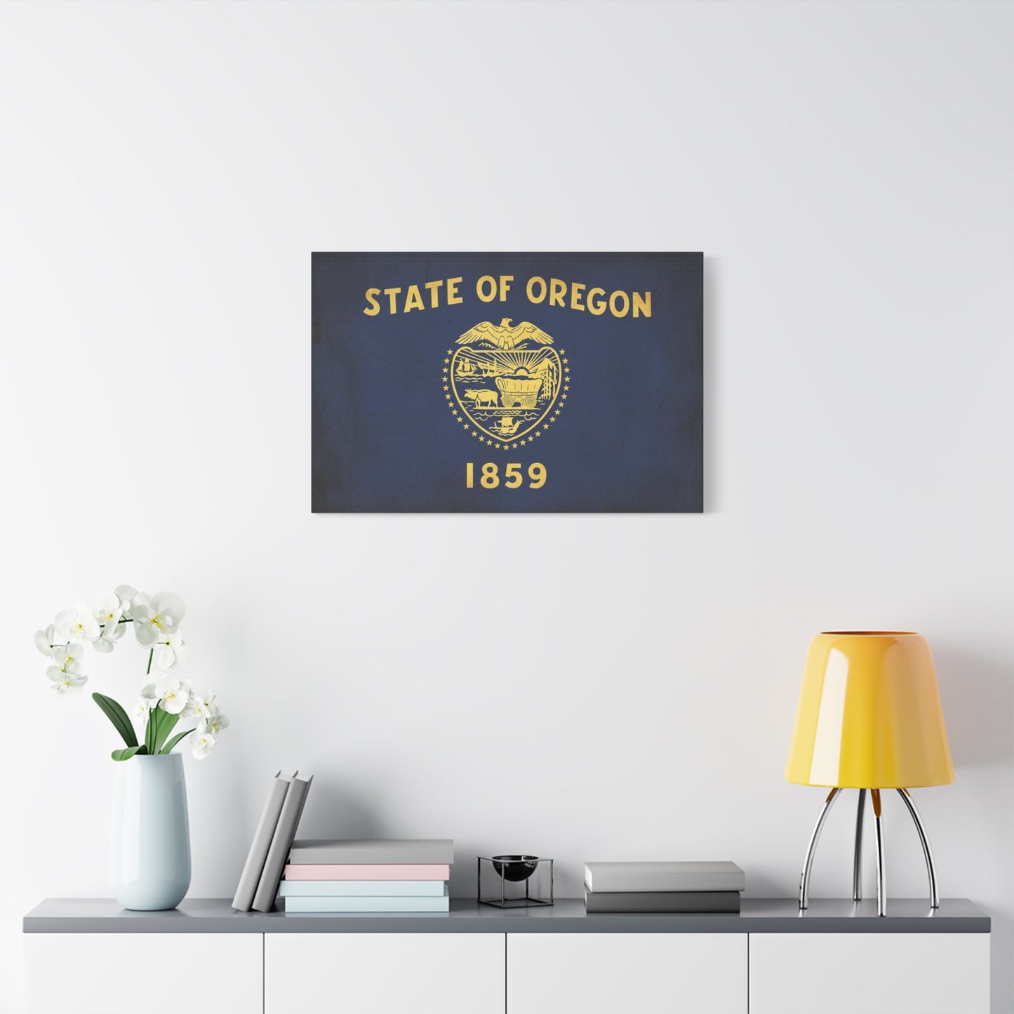 "State Of Oregon 1859" Flag Canvas Wall Art - Vintage State Seal Navy Gold Print - Typography Patriotic Decor - Living Room Wall Decor, Office Art - Bedroom Home Decoration - Bedroom Home Decoration