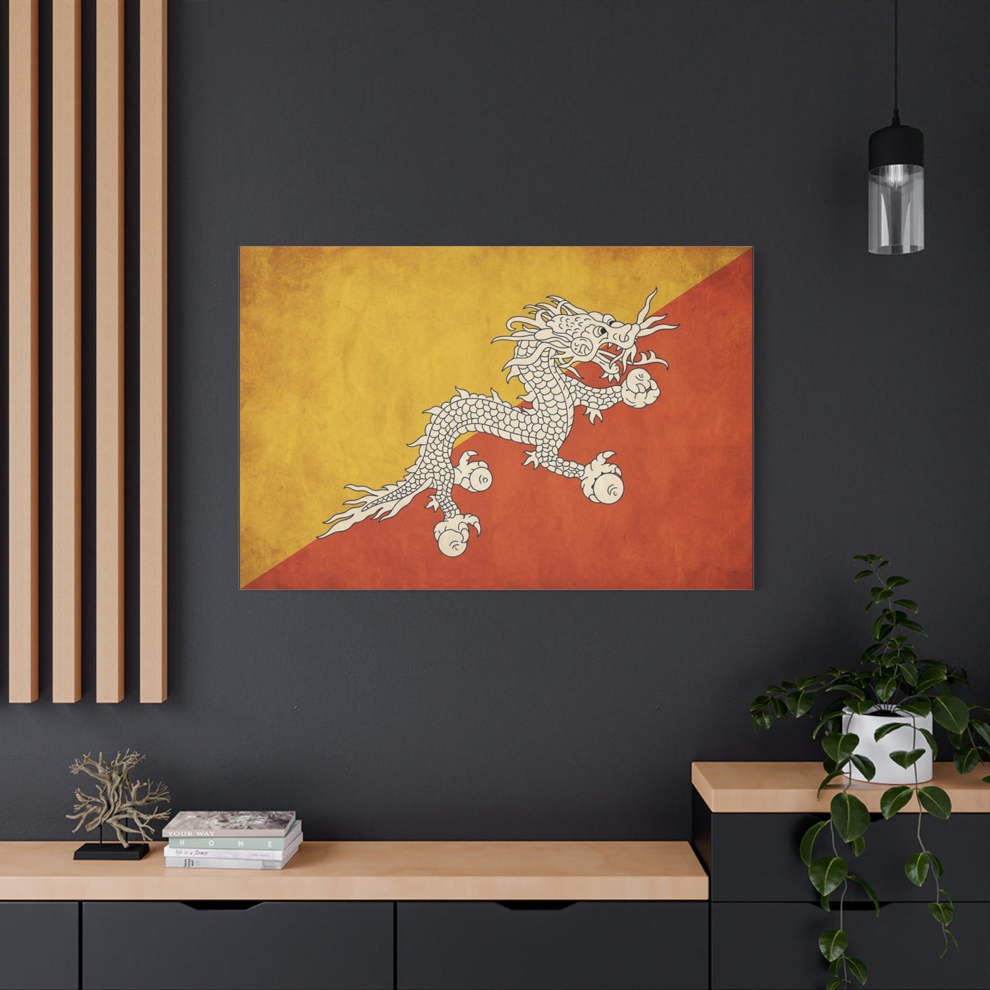 Bhutan Flag Dragon Canvas Wall Art - White Druk On Yellow Orange Field - Vintage Textured Print, Cultural Wall Decor, Living Room Home Decoration - Modern Farmhouse Style - Bedroom Home Decoration