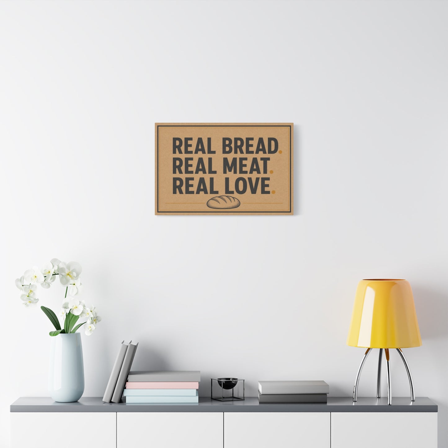 "Real Bread. Real Meat. Real Love." Canvas Wall Art - Rustic Typography Food Sign - Farmhouse Neutral Canvas Print - Bakery Style - Ready to Hang - Deli Wall Decor - Sandwich Shop Sign - Diner Decor