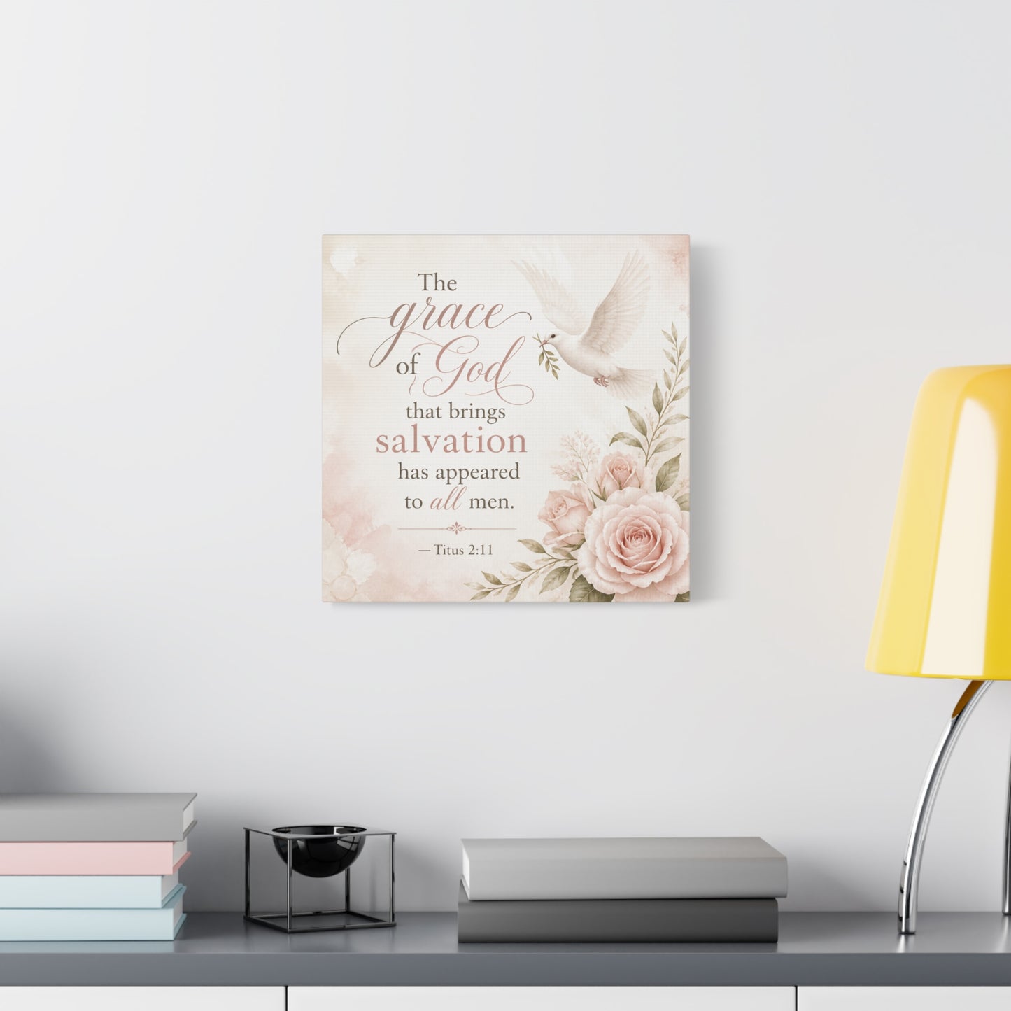 "The Grace Of God That Brings Salvation Has Appeared To All Men" Canvas Wall Art - Dove, Roses, Titus 2:11 Scripture Print - Blush Floral Christian Decor - Bedroom Living Room Accent - Office Wall Art
