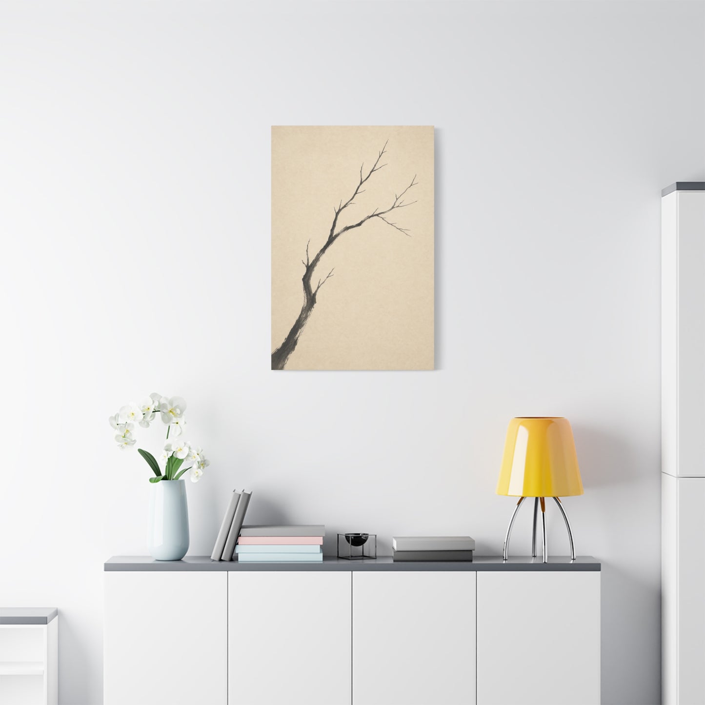 Minimalist Bare Tree Branch Canvas Wall Art - Neutral Ink Wash Botanical Print - Japanese Zen Style - Beige Black Contemporary Wall Decor For Bedroom Living Room Office Entryway - Ready to Hang