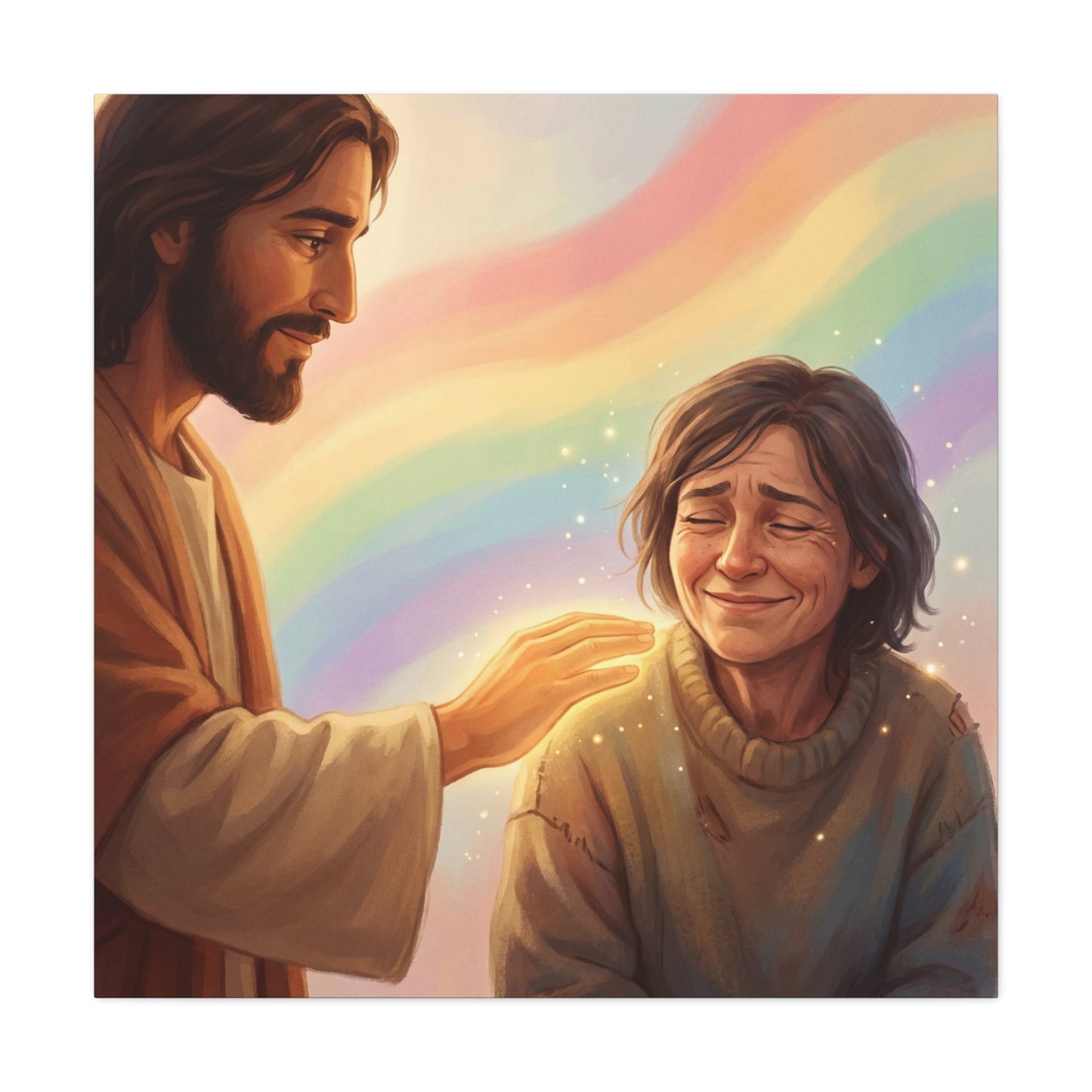 Jesus Christ Comforting Woman Canvas Wall Art - Rainbow Christian Wall Decor, Faith Home Decoration - Matte Canvas Print, Inspirational Religious Artwork - Living Room Bedroom Office - Ready to Hang
