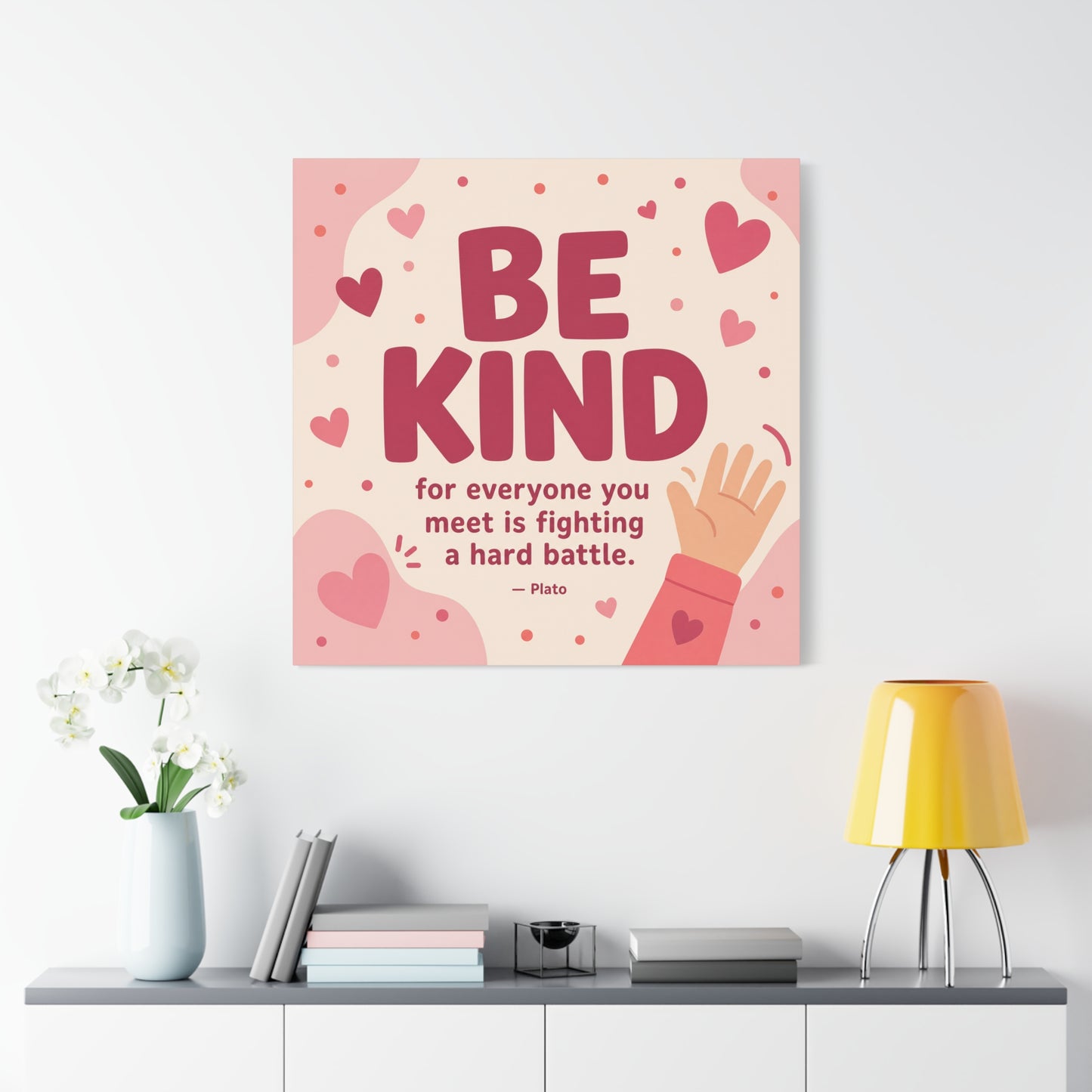 "Be Kind For Everyone You Meet Is Fighting A Hard Battle. - Plato" Canvas Wall Art - Pink Heart Typography Print - Inspirational Bedroom Decor - Modern Nursery Wall Hanging - Bedroom Home Decoration
