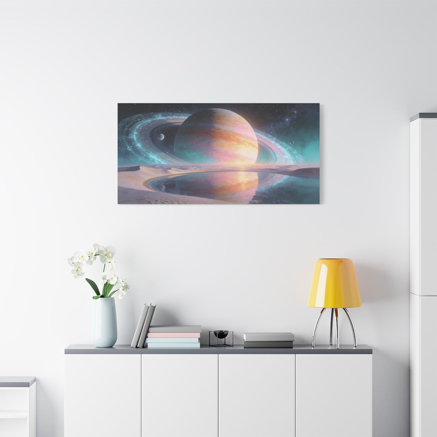 Ringed Planet Canvas Wall Art - Pastel Space Landscape, Celestial Desert Lake Reflection - Contemporary Surreal Canvas Print - Living Room Wall Decor, Bedroom Home Decoration - Bedroom Home Decoration