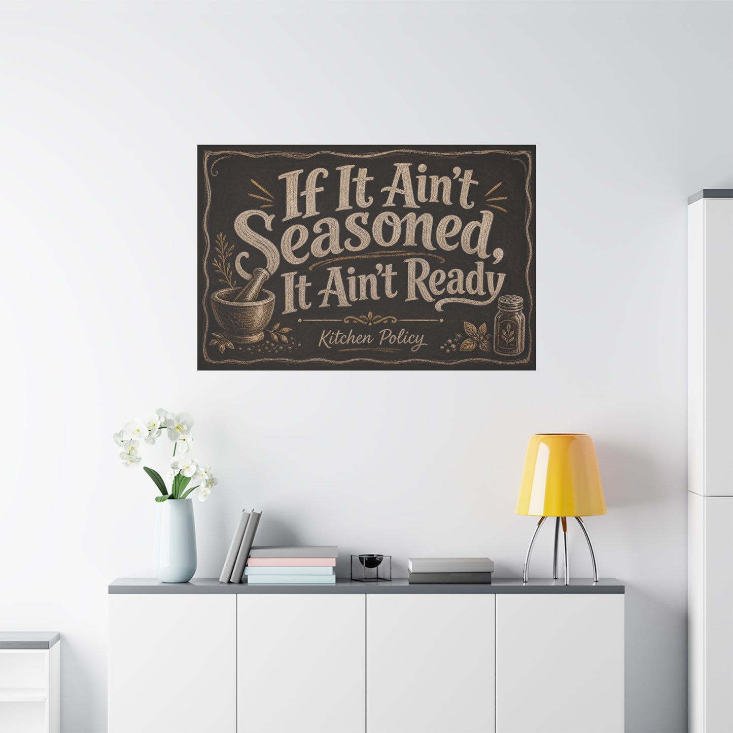 "If It Ain't Seasoned, It Ain't Ready" Kitchen Policy Canvas Wall Art - Rustic Chalkboard Typography Print, Farmhouse Kitchen Decor, Dining Room Wall Hanging - Ready to Hang - Bedroom Home Decoration
