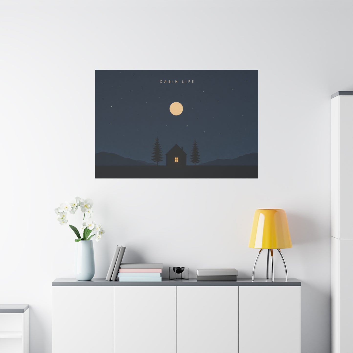 "Cabin Life" Moonlit Forest Canvas Wall Art - Minimalist Night Landscape Print - Rustic Lodge Decor, Bedroom Wall Accent, Living Room Decoration, Mountain Retreat Style - Bedroom Home Decoration
