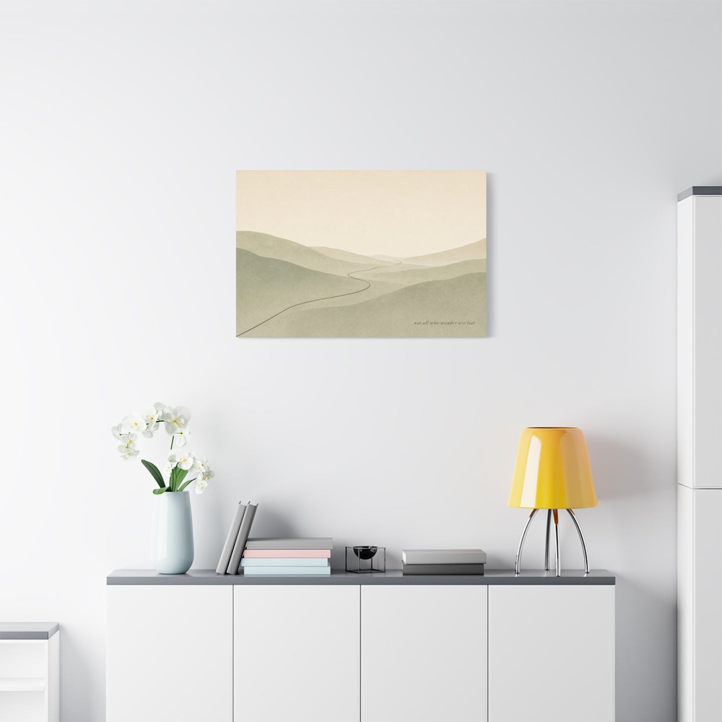 "Not All Who Wander Are Lost" Minimalist Landscape Canvas Wall Art - Misty Hills, Winding Path, Neutral Sage Beige Tones - Modern Wall Decor For Bedroom, Living Room, Home Office - Ready to Hang