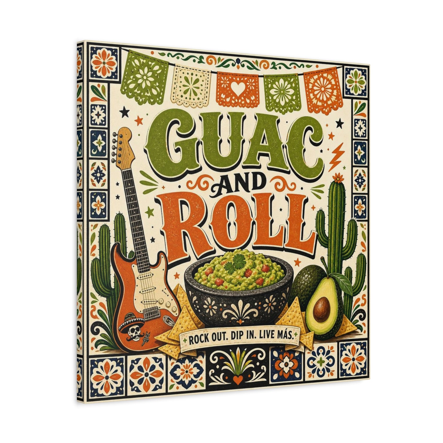 "Guac And Roll" Typography Canvas Wall Art - Fiesta Guitar, Cactus, Avocado Folk Illustration - Bohemian Rustic Style - Kitchen Wall Decor, Dining Room Accent, Cafe Wall Decor - Modern Farmhouse Style