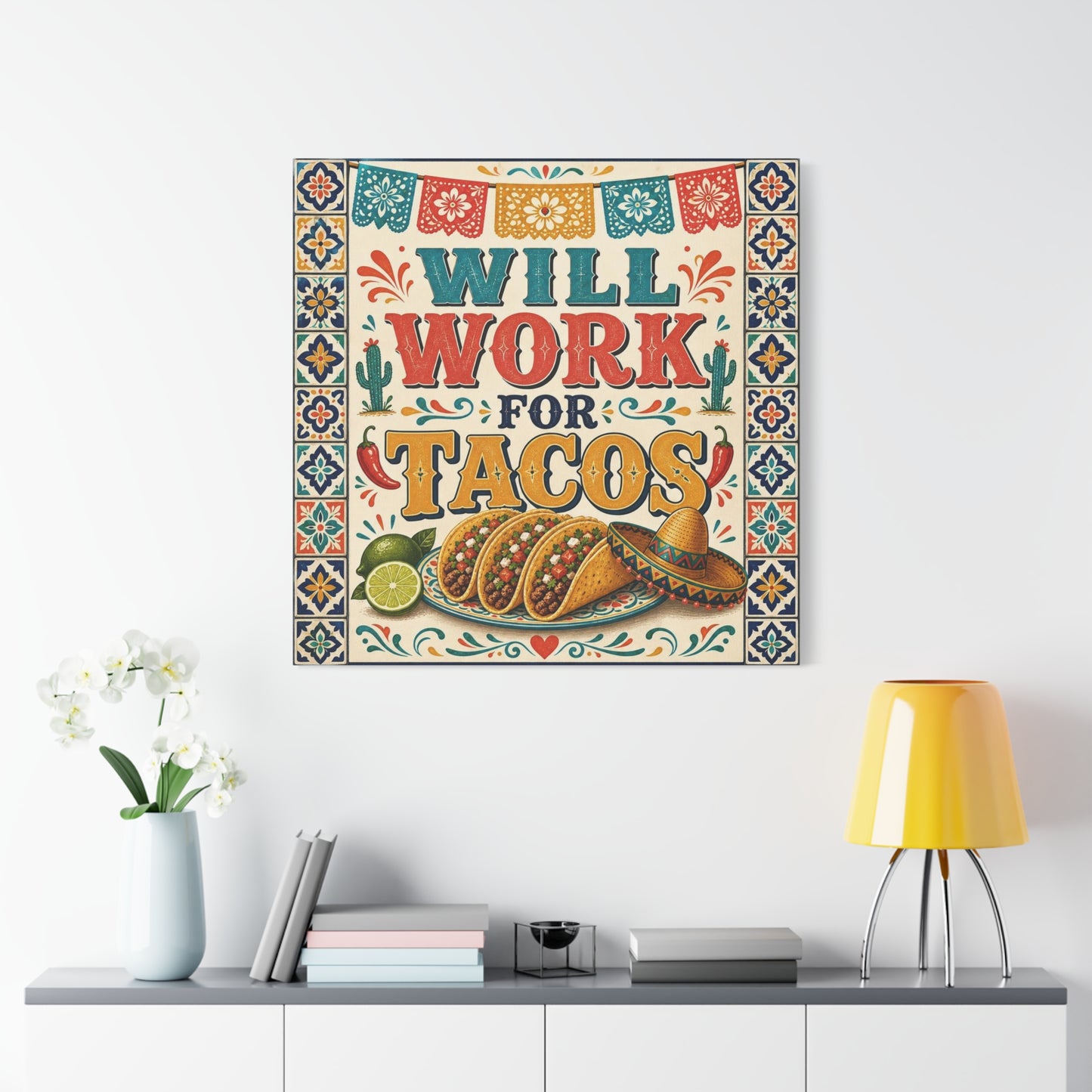 "Will Work For Tacos" Canvas Wall Art - Talavera Tile Typography, Papel Picado, Cactus And Taco Illustration - Fiesta Style Cotton Print - Kitchen Decor, Dining Room Accent, Cafe Interior