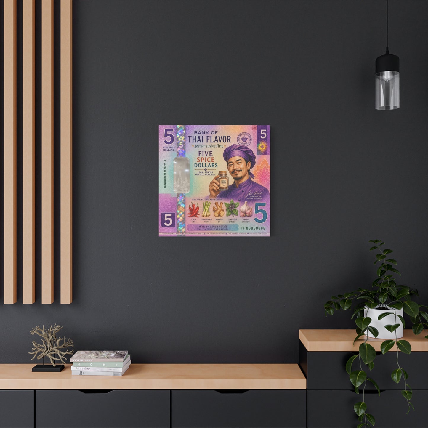 "Bank Of Thai Flavor" Thai Chef Canvas Wall Art - Five Spice Dollars Food Illustration, Colorful Typography Print, Eclectic Kitchen Decor, Cafe Wall Decor, Restaurant Wall Accent - Ready to Hang
