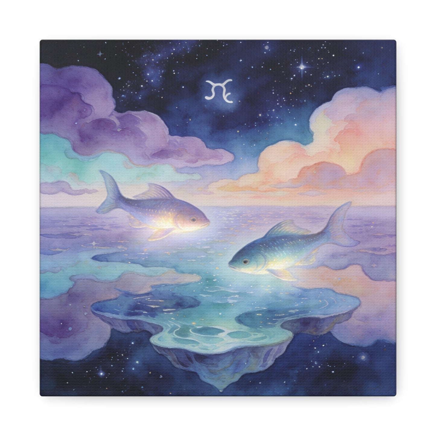Pisces Zodiac Canvas Wall Art - Celestial Fish Over Dreamlike Sea, Watercolor Illustration - Mystical Night Sky, Matte Canvas Print - Bedroom Wall Decor, Meditation Space Accent - Ready to Hang