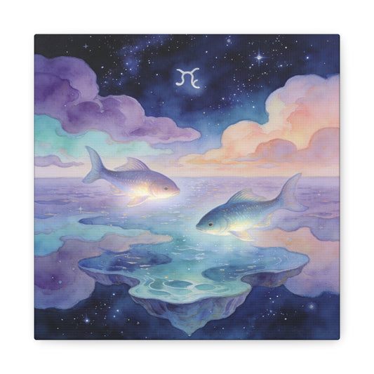 Pisces Zodiac Canvas Wall Art - Celestial Fish Over Dreamlike Sea, Watercolor Illustration - Mystical Night Sky, Matte Canvas Print - Bedroom Wall Decor, Meditation Space Accent - Ready to Hang