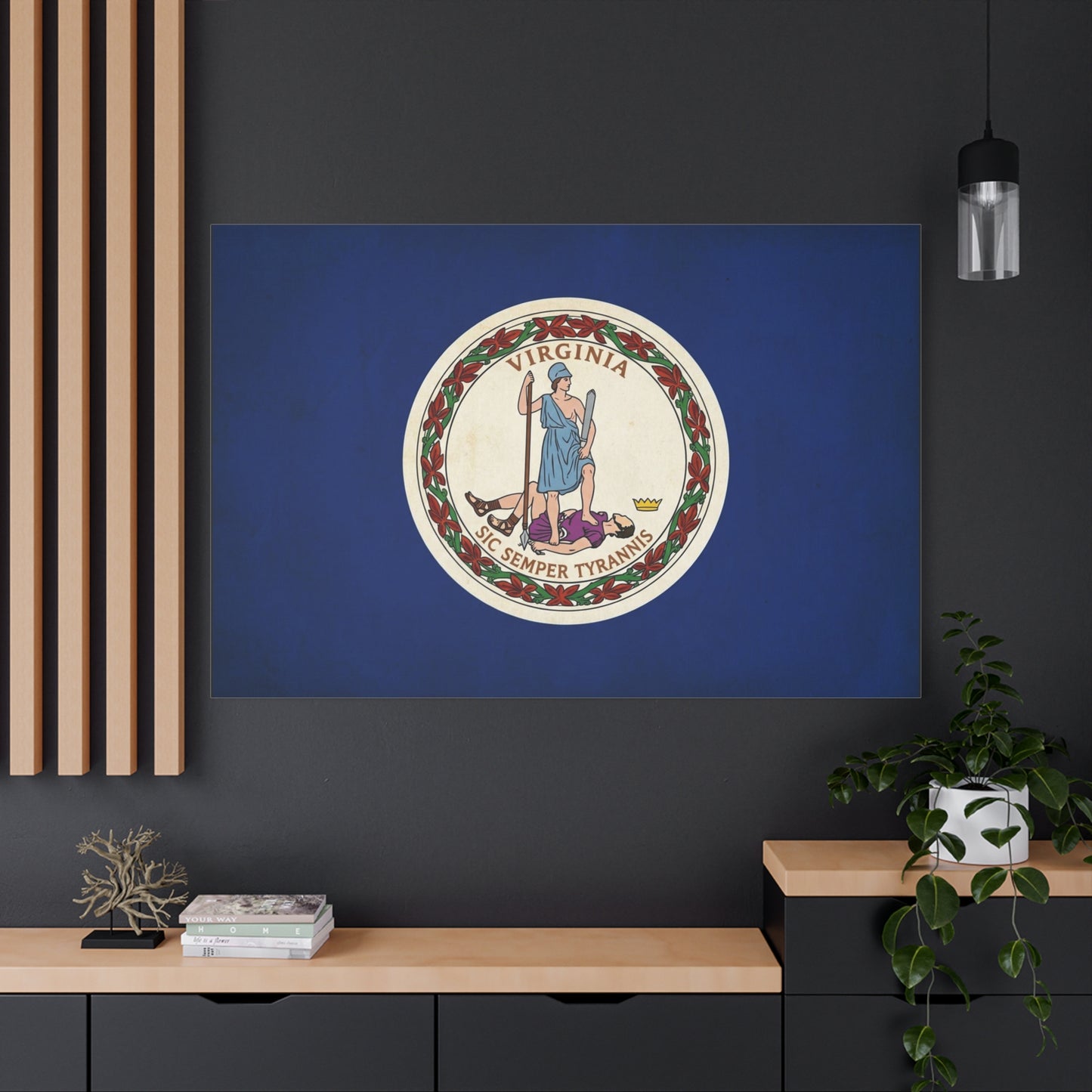 "Virginia" "Sic Semper Tyrannis" State Flag Canvas Wall Art - Vintage Commonwealth Seal Print, Blue Banner Decor, Patriotic Heritage Style, Living Room Wall Decor, Office Accent - Ready to Hang