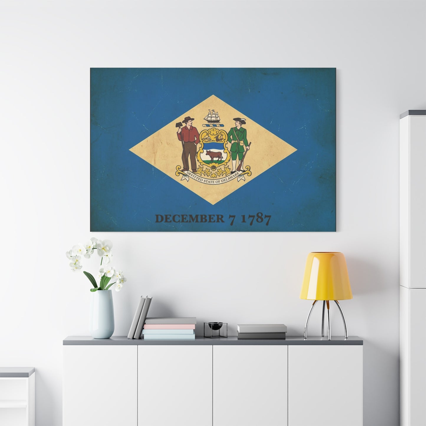 Delaware State Flag Canvas Wall Art - "December 7 1787" Vintage Blue Banner Print - Patriotic Historical Decor, Matte Canvas, Living Room Wall Decor, Office Art - Ready to Hang - Ready to Hang