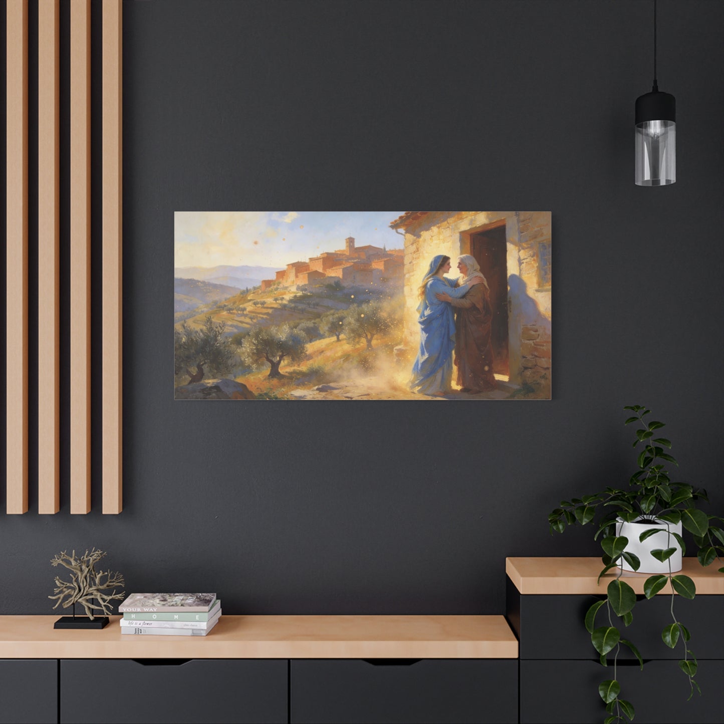 Virgin Mary Visitation Canvas Wall Art - Religious Biblical Village Scene, Golden Light Painting - Christian Home Decor, Traditional Style - Living Room Wall Decor Bedroom Decoration - Ready to Hang