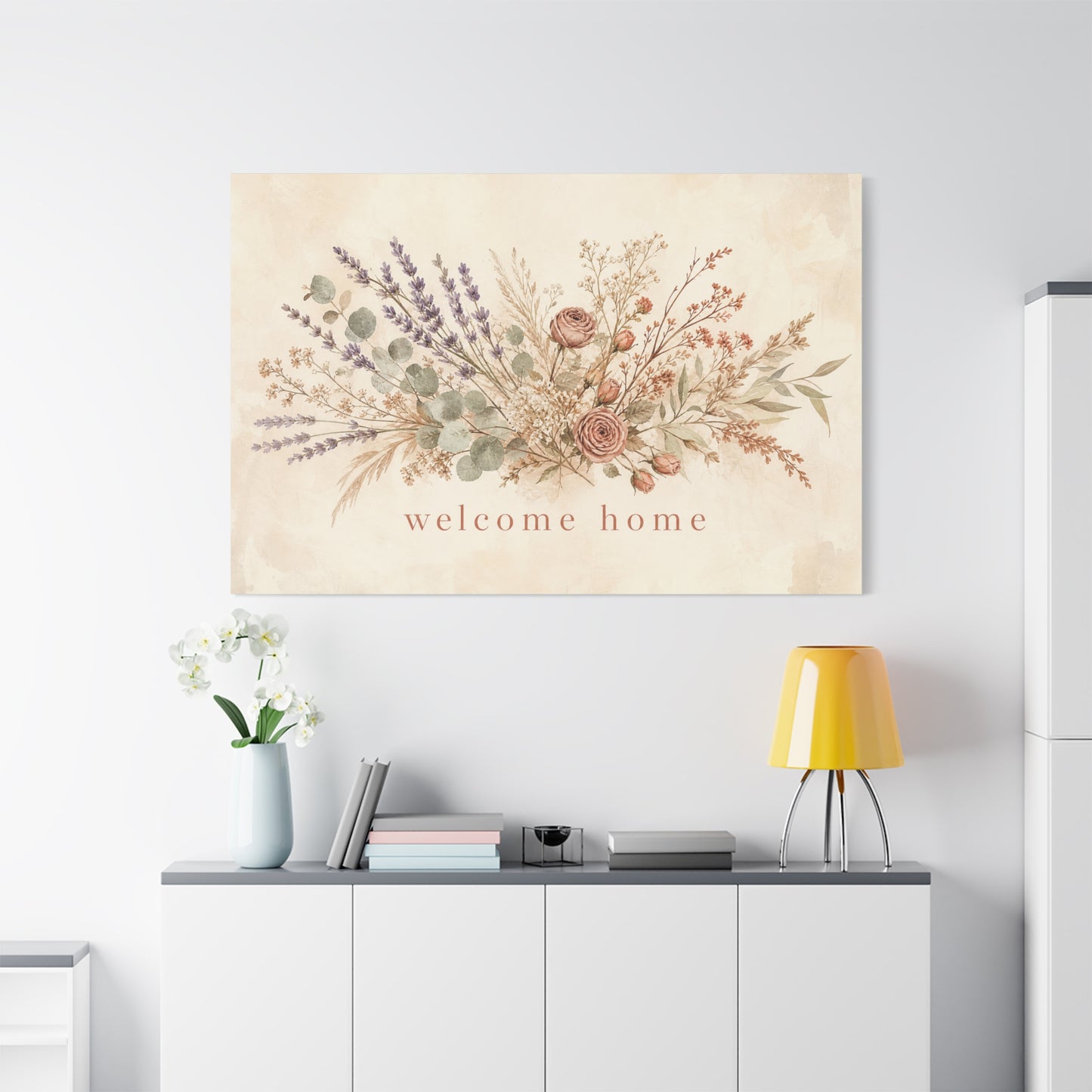 "Welcome Home" Floral Canvas Wall Art - Rustic Botanical Bouquet, Lavender Rose Eucalyptus Print - Farmhouse Wall Decor, Entryway Home Decoration - Ready to Hang - Modern Farmhouse Style