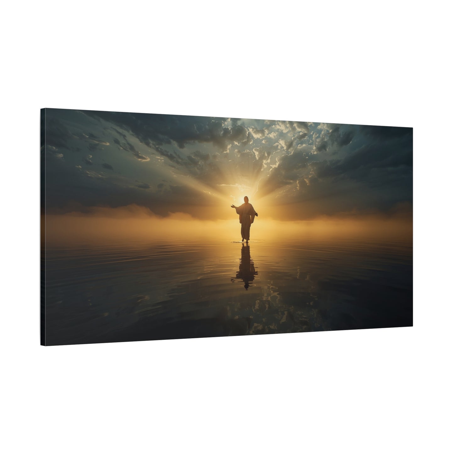 Jesus Christ Canvas Wall Art - Walking On Water At Sunrise, Dramatic Sky Reflection - Matte Cotton Print - Religious Home Decor For Living Room, Bedroom, Office Wall Accent - Bedroom Home Decoration