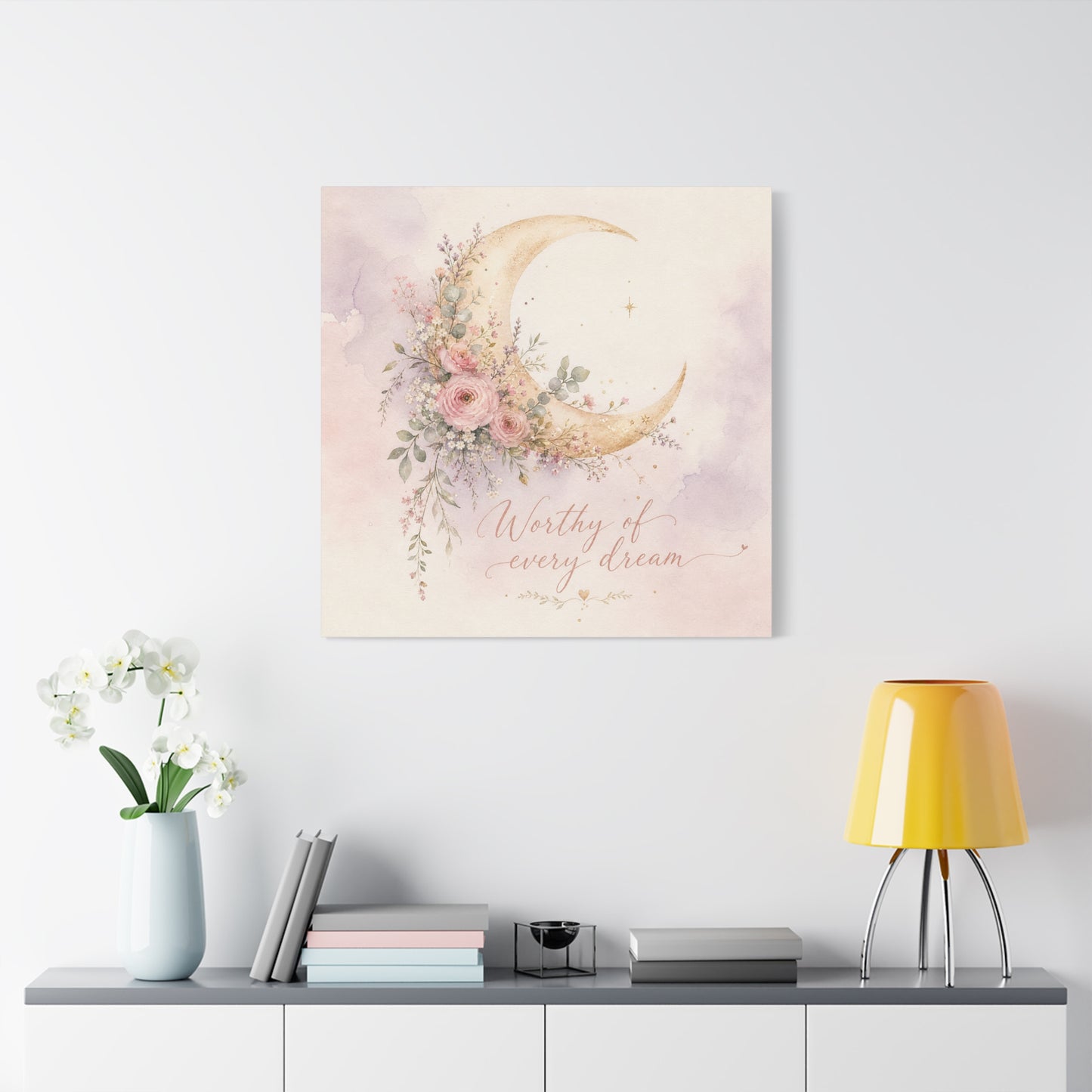 "Worthy Of Every Dream" Moon Canvas Wall Art - Floral Crescent, Inspirational Blush Gold Watercolor - Bohemian Bedroom Wall Decor - Nursery Home Decoration - Bedroom Home Decoration - Ready to Hang