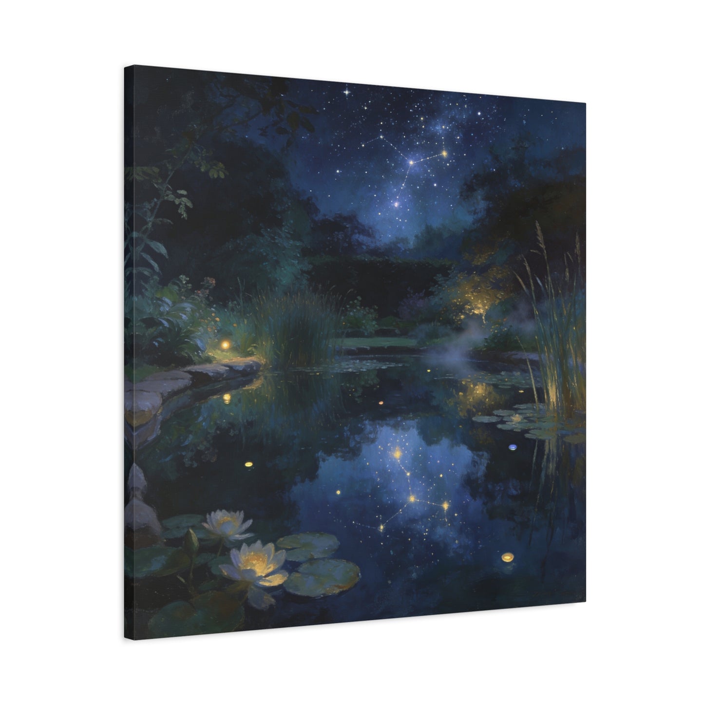 Starry Night Pond Canvas Wall Art - Moonlit Water Lilies, Celestial Reflection Landscape - Dreamy Matte Canvas Print - Traditional Nightscape Style - Living Room Wall Decor Bedroom Home Accent