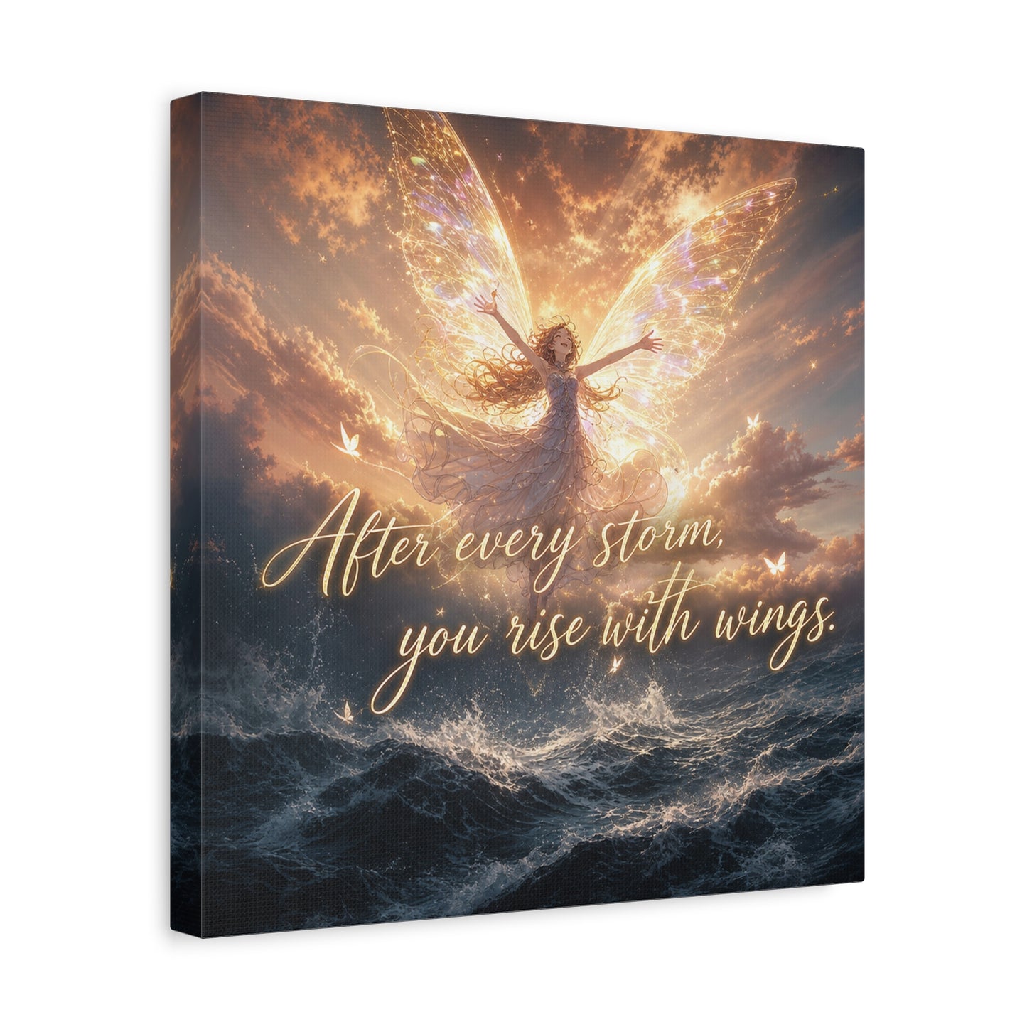 "After Every Storm, You Rise With Wings." Fairy Canvas Wall Art - Inspirational Ocean Sky Quote Print - Golden Ethereal Fantasy Decor - Bedroom Wall Hanging, Living Room Accent - Ready to Hang